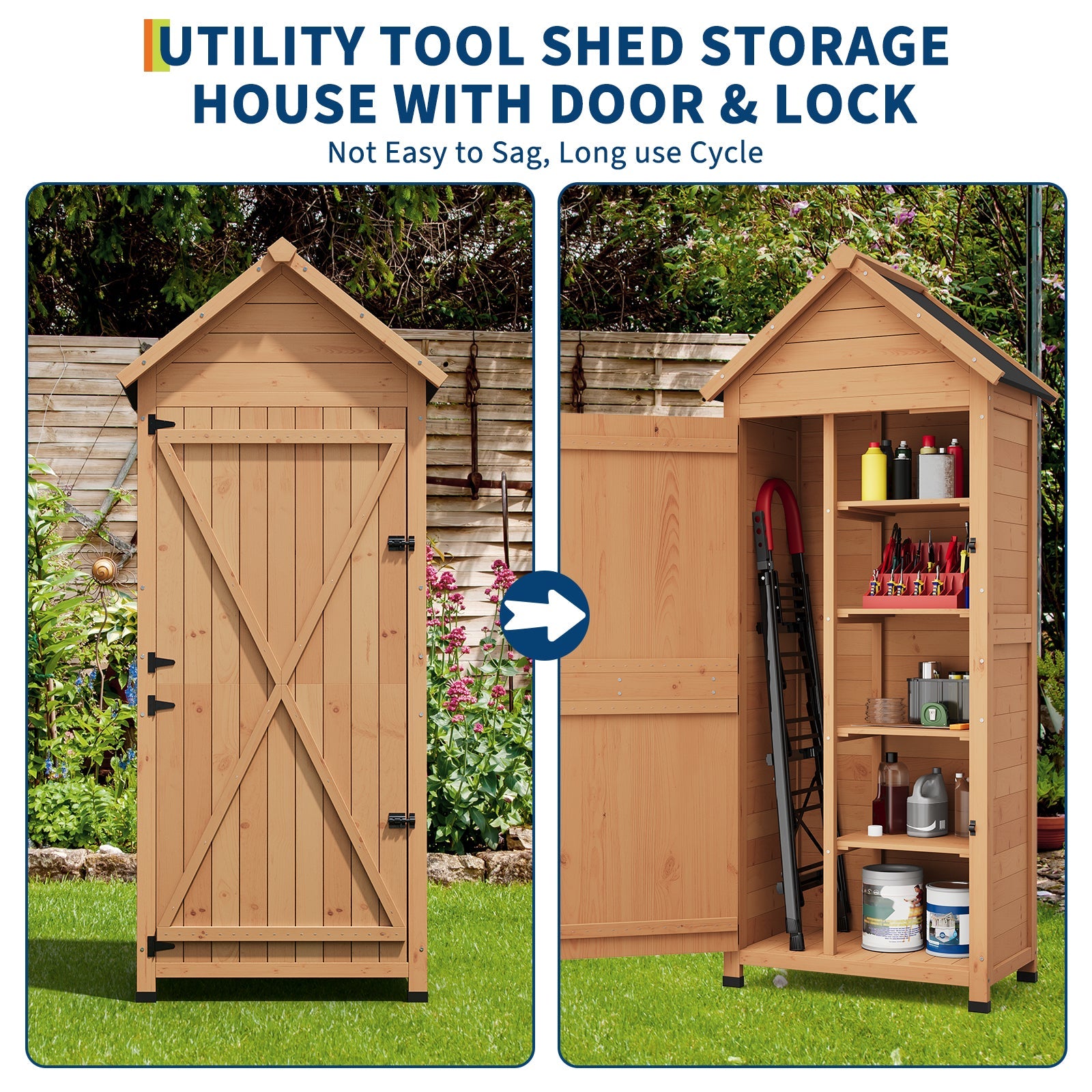 Garvee 63'' Wood Shed Waterproof, Tall Vertical Outdoor Storage Cabinet with 4 Shelves & Lockable Door, Space-Saving Garden Tool Shed for Patio, Yard, Lawn, Garden