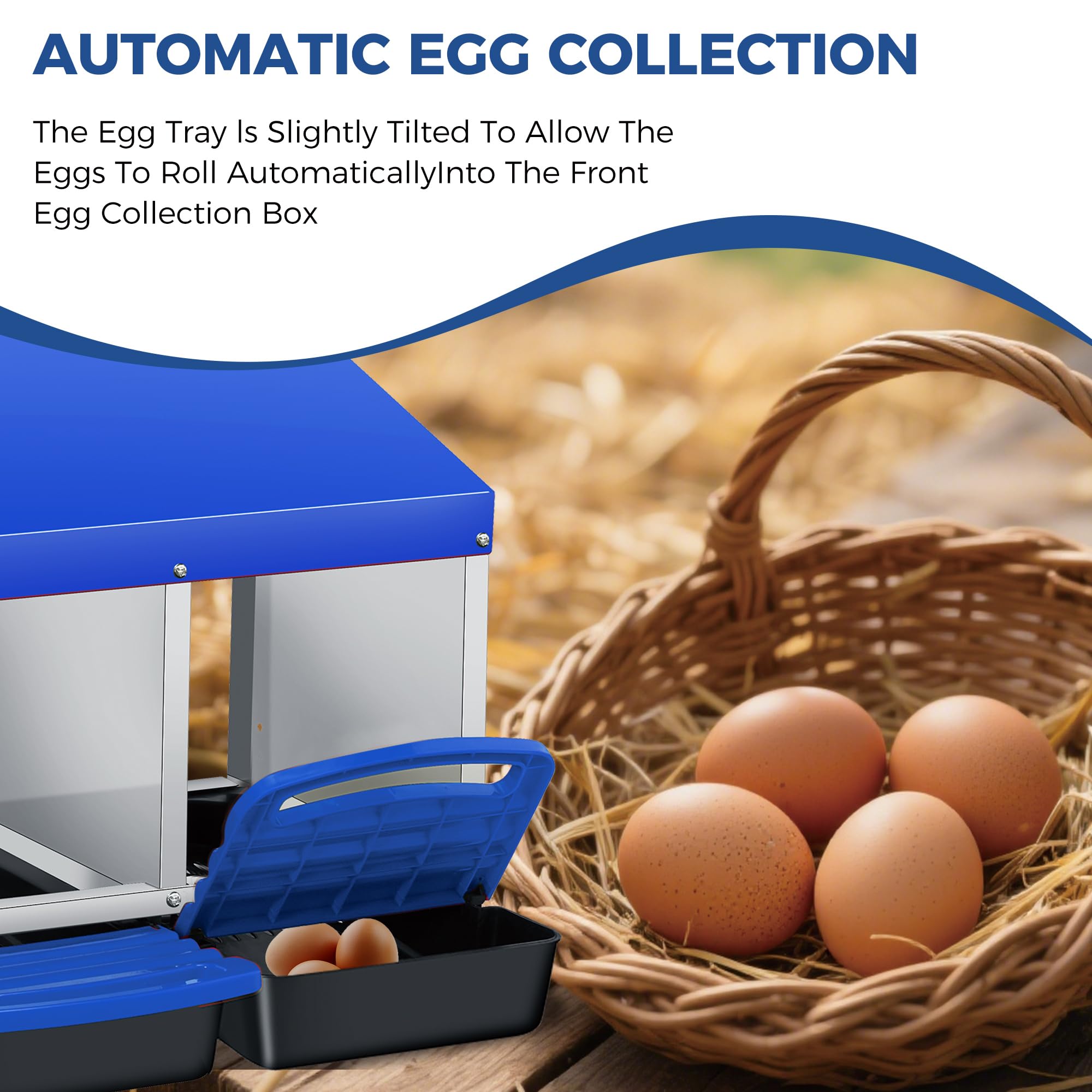 Garvee 3-Compartment Chicken Nesting Box – Automatic Roll-Away Tray & Support Stand, Blue