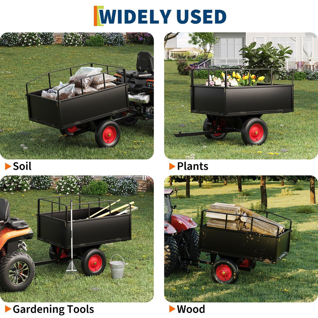 Garvee 750 lb ATV Dump Cart, 17 Cu. Ft. Tow-Behind Steel Utility Trailer with Removable Sides, 16 in Tires & Universal Hitch for Lawn Tractor