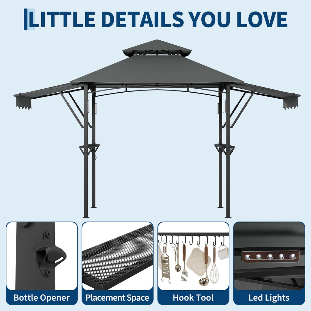 Garvee 8' × 5' Grill Gazebo with Dual Adjustable Awnings, 2-Tier Ventilated Canopy, Steel Frame, 2 Shelves & 7 Hooks, Gray