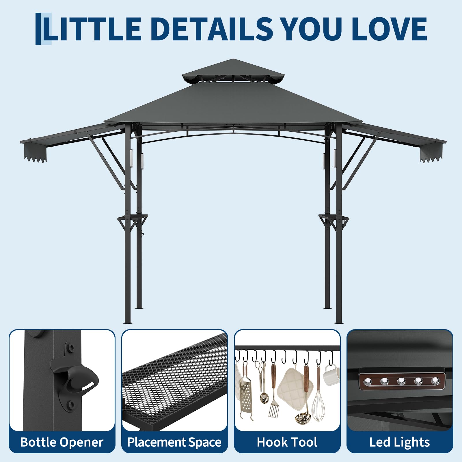 Garvee 8' × 5' Grill Gazebo with Dual Adjustable Awnings, 2-Tier Ventilated Canopy, Steel Frame, 2 Shelves & 7 Hooks, Gray
