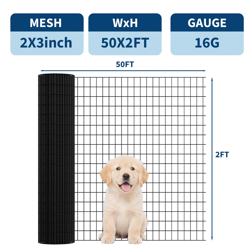Garvee PVC Coated Welded Wire Fence Roll, 24 Inch x 50 Foot Black Vinyl Metal Mesh Fencing, 16 Gauge Galvanized Wire with 2 in x 3 in Mesh, Heavy-Duty Garden Border Pen for Vegetables, Plants & Poultry
