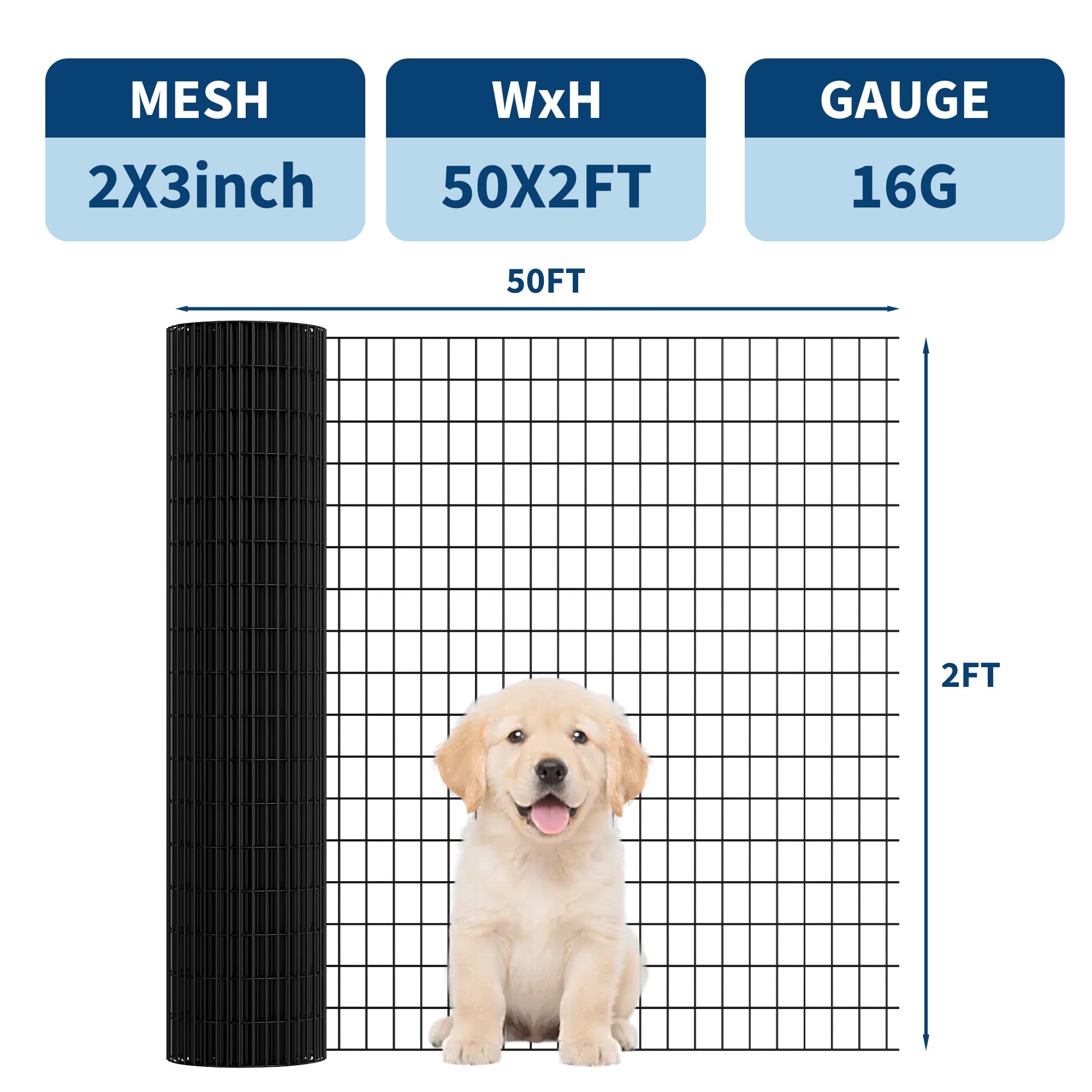 Garvee PVC Coated Welded Wire Fence Roll, 24 Inch x 50 Foot Black Vinyl Metal Mesh Fencing, 16 Gauge Galvanized Wire with 2 in x 3 in Mesh, Heavy-Duty Garden Border Pen for Vegetables, Plants & Poultry