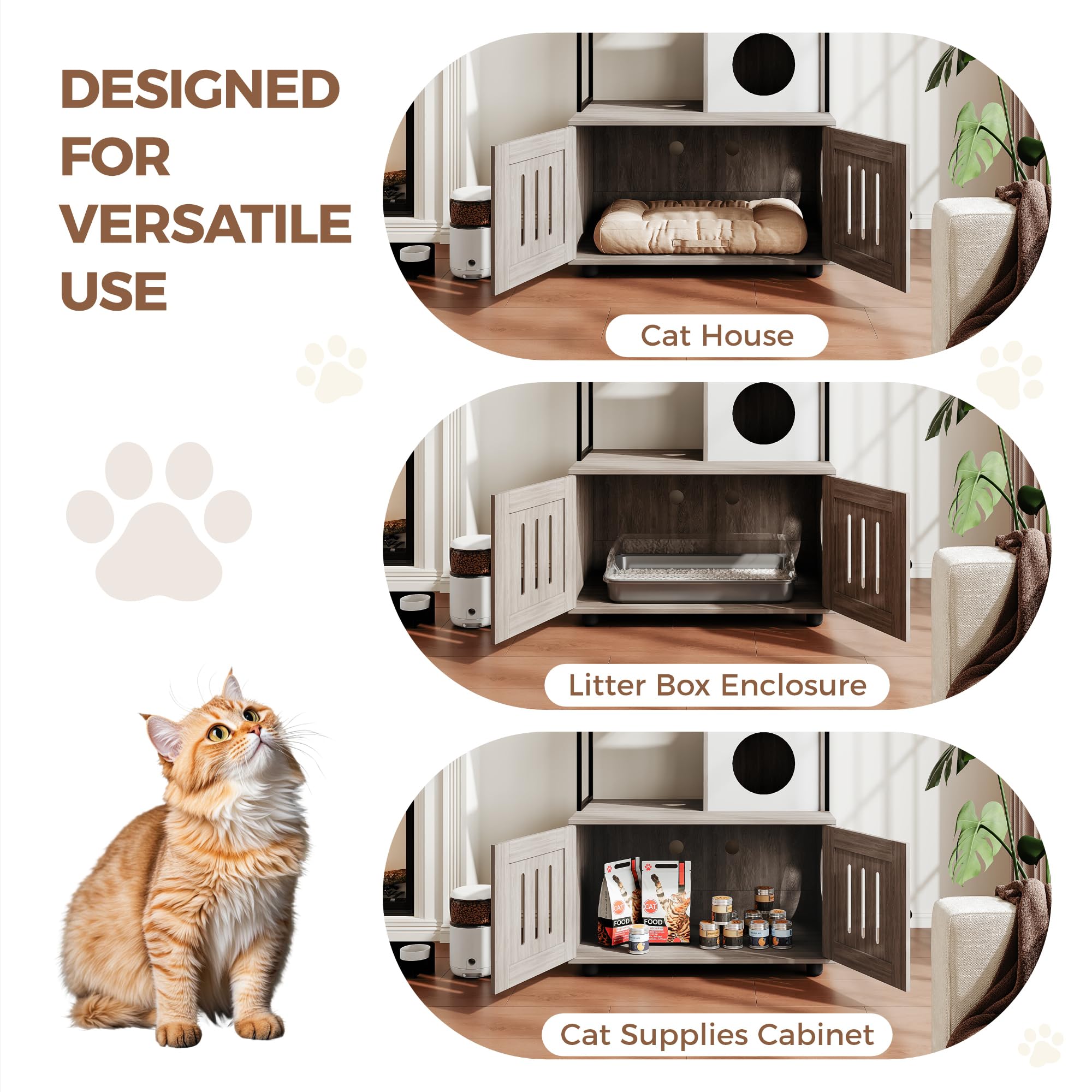 Garvee Modern Hidden Cat Litter Box Enclosure with Storage Rack, Indoor Enclosed Cat Furniture, Hammock, Sisal Balls, Scratching Mat, Multi-Level Private Cat House, Gray