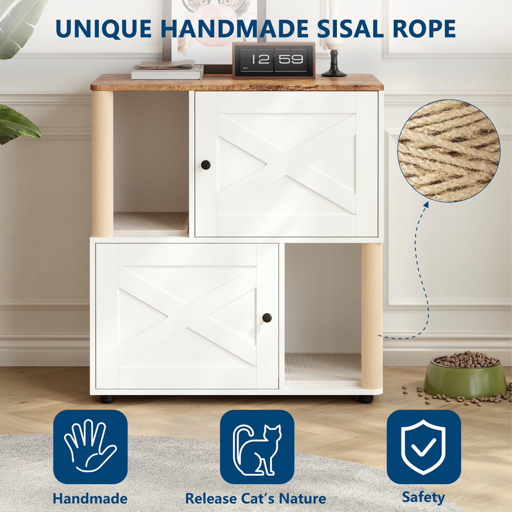 Garvee Double Cat Litter Box Enclosure Furniture – 2-Tier Hidden Litter Cabinet with Marking Post, Odor Control, Dual Mats, Dog-Proof, Multi-Cat Condo, End Table – X-Door White