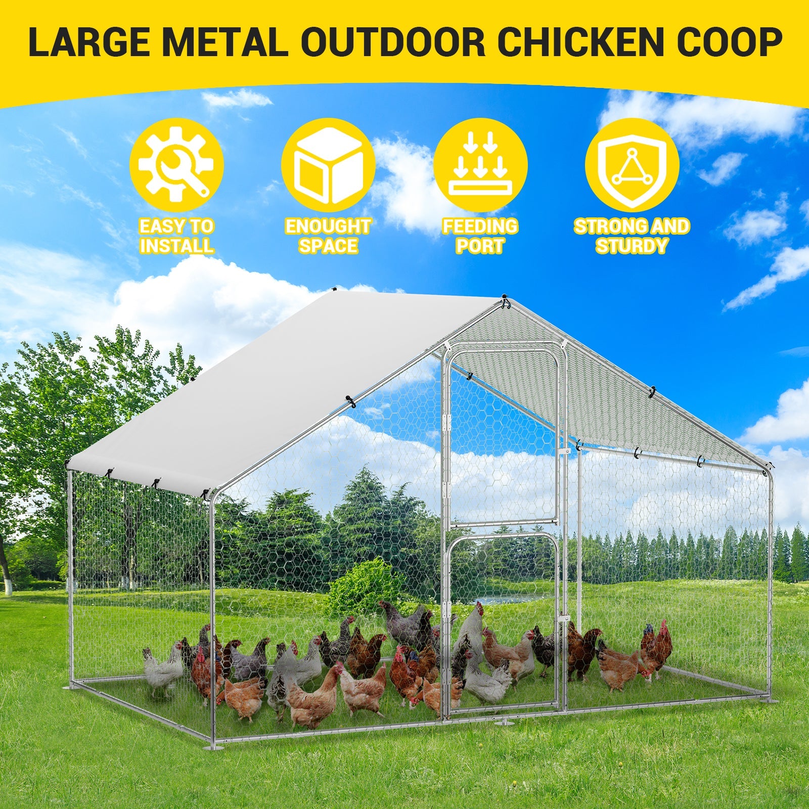 Garvee Heavy-Duty Walk-In Metal Chicken Coop for Backyard or Farm Hens – Double Lockable Doors, Galvanized Steel, Waterproof UV Roof Cover, Large Poultry Cage, 9.8' W x 6.5' D x 6.5' H