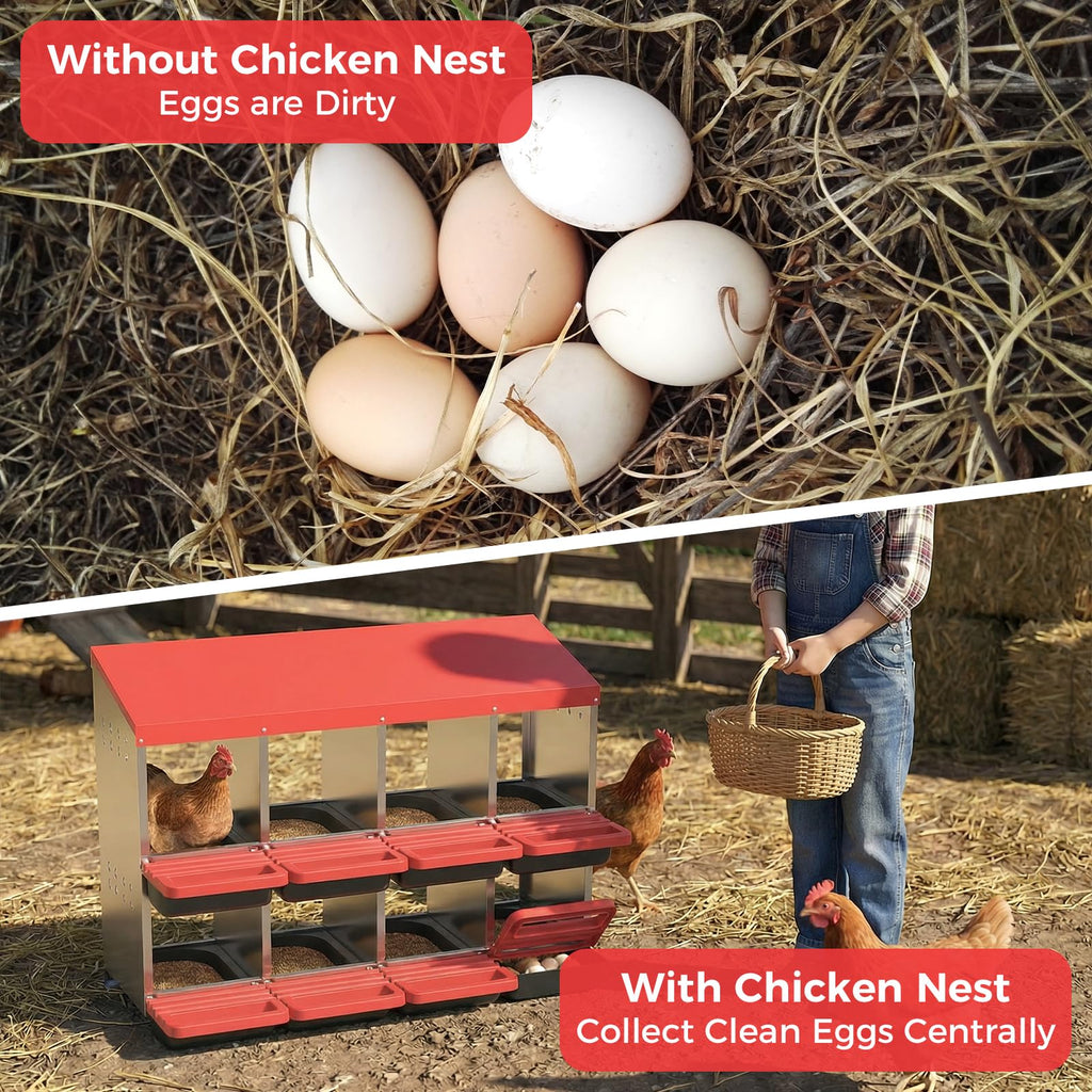 Garvee 8-Hole Chicken Nesting Box Metal Coop with Roll-Away Egg Collection & Ventilation Holes Galvanized Steel Removable Lid Red for Backyard Hens