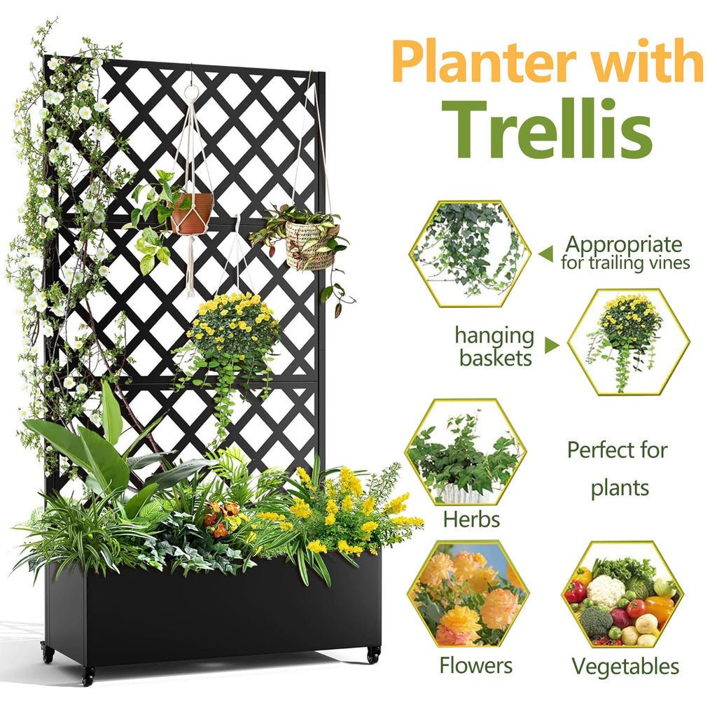 Garvee Metal Planter Box with Diamond Lattice Trellis - 72"x35" Galvanized Raised Garden Bed on Wheels for Climbing Plants and Vines, Black Finish