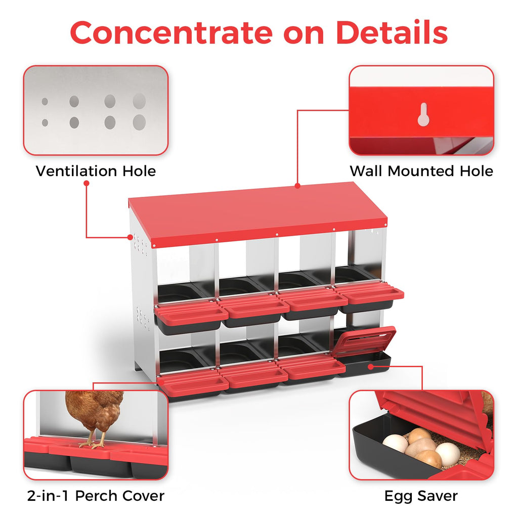 Garvee 8-Hole Chicken Nesting Box Metal Coop with Roll-Away Egg Collection & Ventilation Holes Galvanized Steel Removable Lid Red for Backyard Hens
