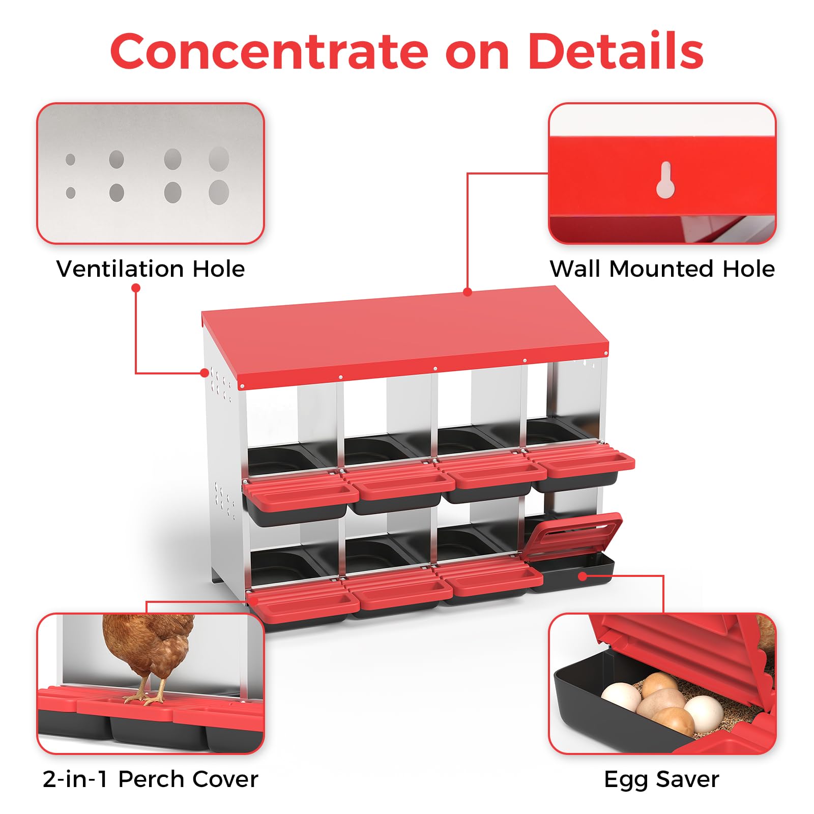 Garvee 8-Hole Chicken Nesting Box Metal Coop with Roll-Away Egg Collection & Ventilation Holes Galvanized Steel Removable Lid Red for Backyard Hens