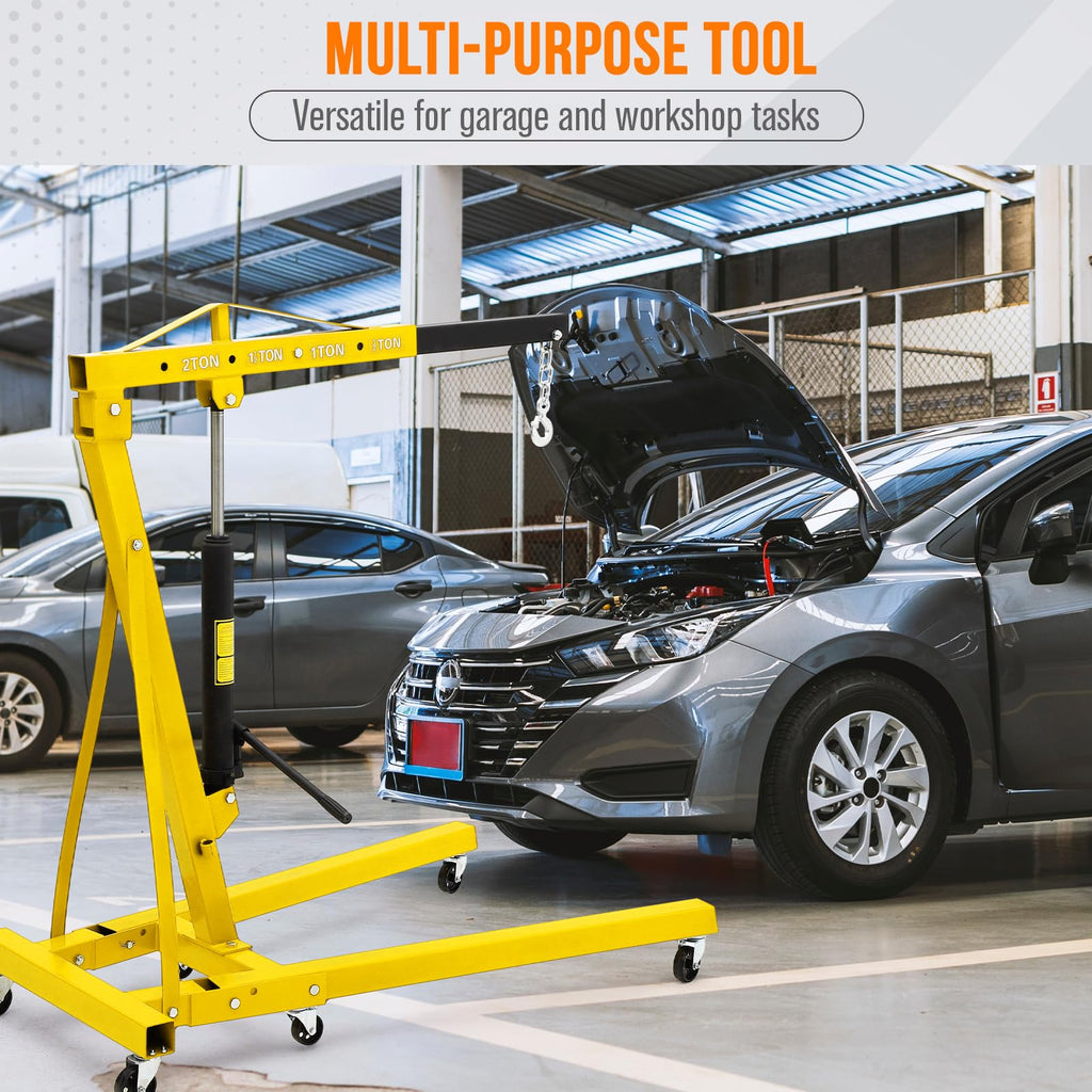 Garvee 2-Ton Engine Hoist - 4400 lbs Folding Hydraulic Cherry Picker, Heavy-Duty Shop Crane with 6 Caster Wheels and 4 Adjustable Boom Positions for Warehouse, Garage, and Workshop, Yellow