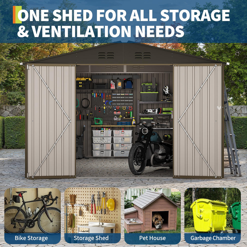 Garvee 10 x 12 FT Outdoor Storage Shed, 143 x 119 x 65 in Galvanized Steel Garden Shed with Lockable Door, Cross Windows and Peaked Roof, Brown