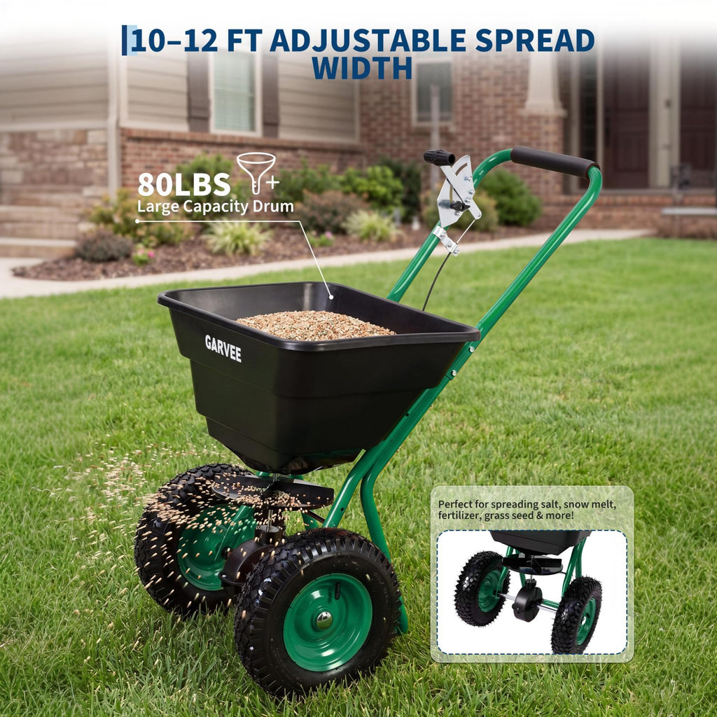 Garvee 80 lb Push Broadcast Spreader with 12' Spread Width, Adjustable Drop Rate, 10" Pneumatic Tires, Rain Cover & Gloves for Seed, Fertilizer, Salt and Ice Melt, Black & Dark Green
