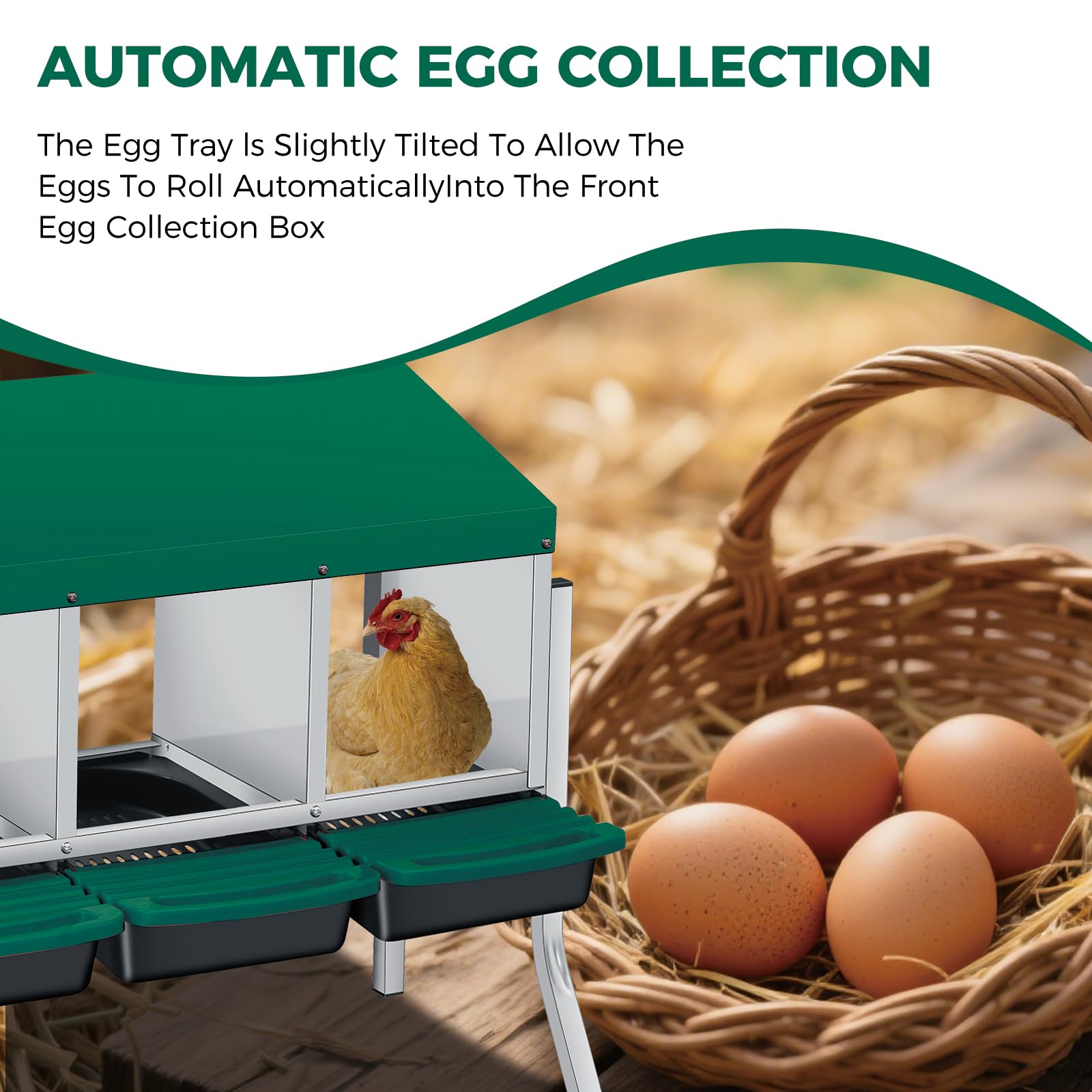 Garvee 3-Compartment Galvanized Steel Chicken Nesting Box – Roll-Away Tray & Freestanding Bracket Legs, Green