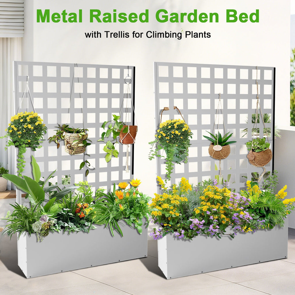 Garvee 71" x 47" x 12" Metal Planter Box with Trellis, Raised Garden Bed with Privacy Screen, Drainage Holes for Climbing Plants, Flowers & Vegetables, White