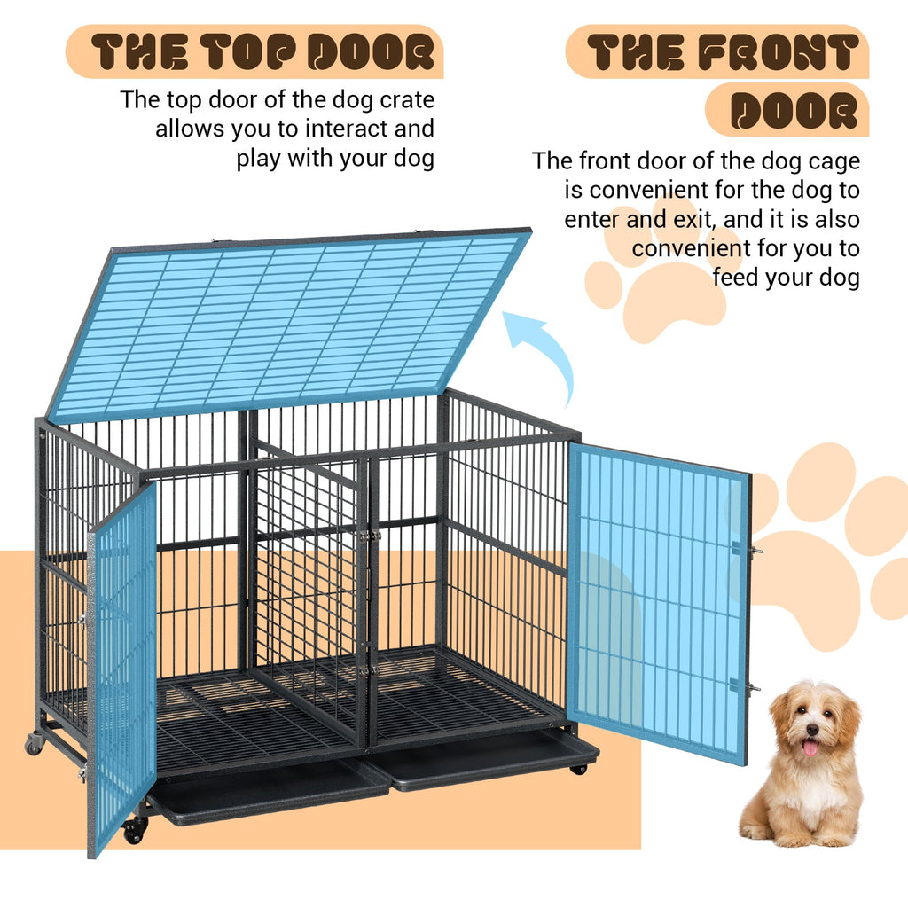 Garvee Heavy Duty Dog Crate, 48 Inch Dog Crate with Double Door, 360° Lockable Wheels and Removable Tray, Easy to Assembly, Indoor Outdoor Dog Cage for Small Medium Large Dogs
