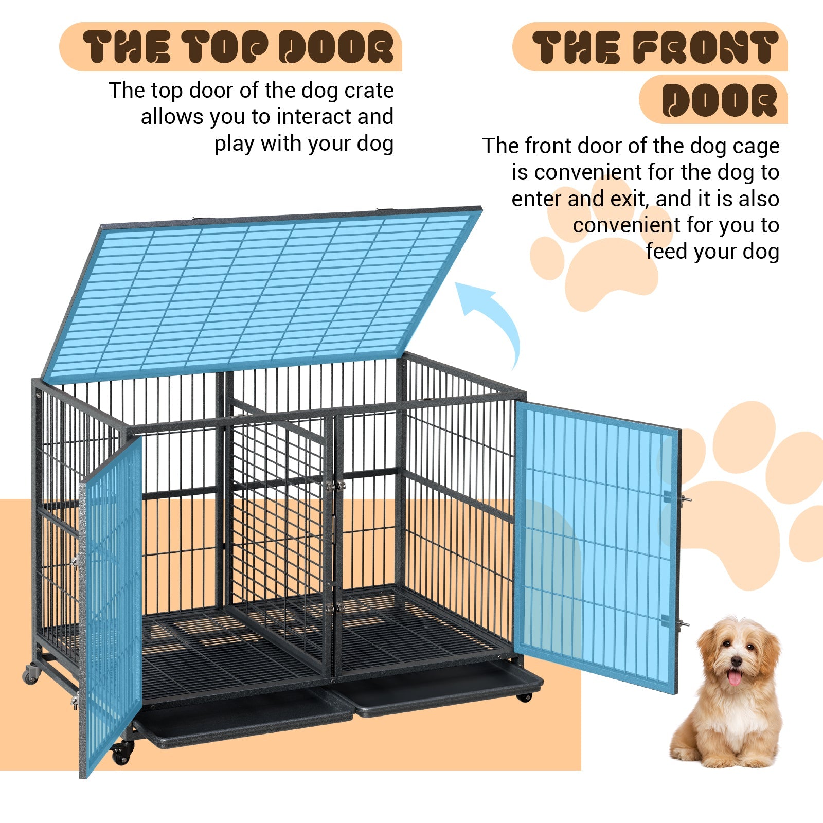 Garvee Heavy Duty Dog Crate, 48 Inch Dog Crate with Double Door, 360° Lockable Wheels and Removable Tray, Easy to Assembly, Indoor Outdoor Dog Cage for Small Medium Large Dogs