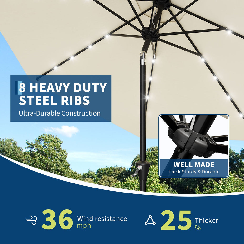 Garvee 9FT Solar LED Patio Umbrella, Waterproof Outdoor Market Table Umbrella with 8 Ribs, Crank Lift, Push Button Tilt, UV Protection for Garden, Pool & Deck, Beige