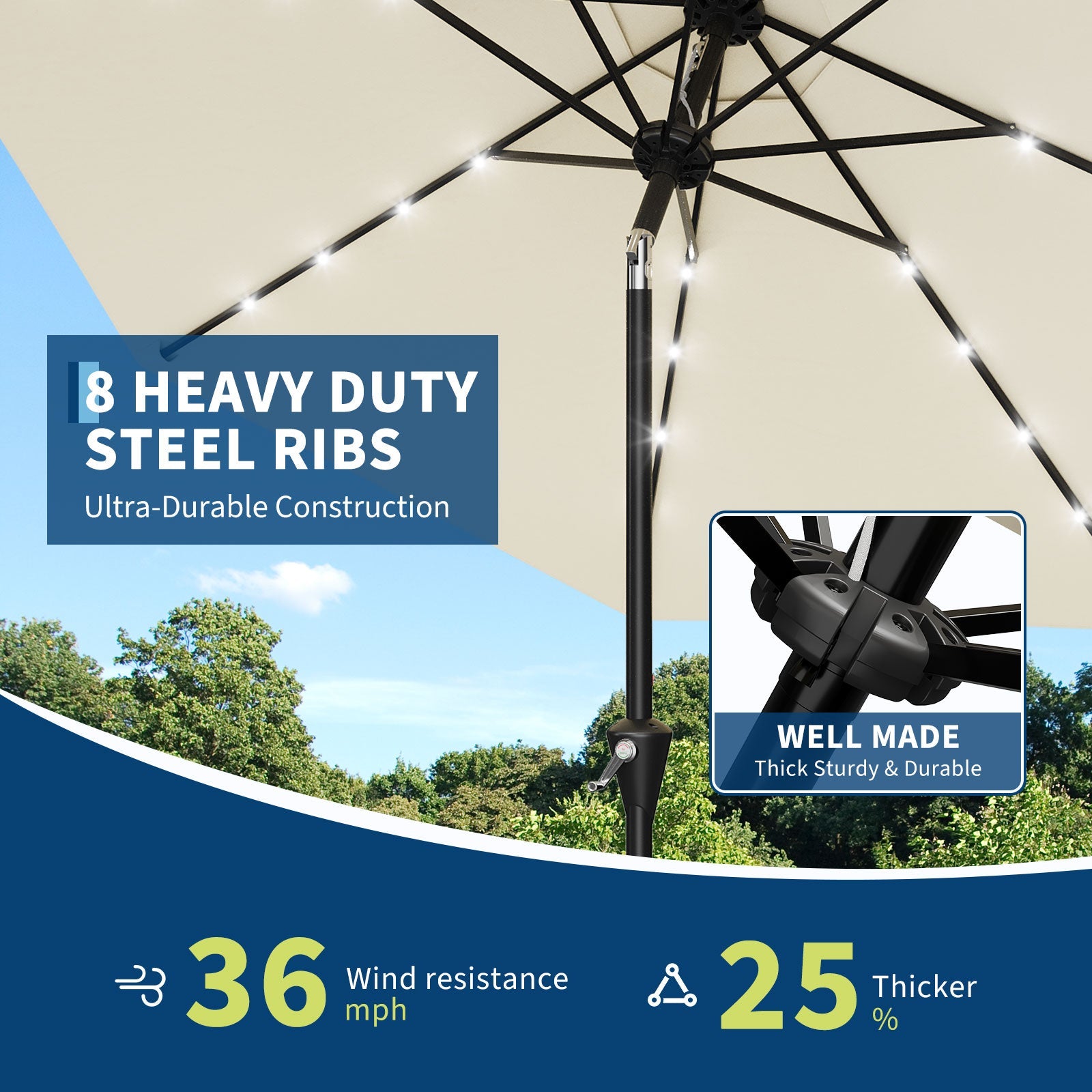 Garvee 9FT Solar LED Patio Umbrella, Waterproof Outdoor Market Table Umbrella with 8 Ribs, Crank Lift, Push Button Tilt, UV Protection for Garden, Pool & Deck, Beige