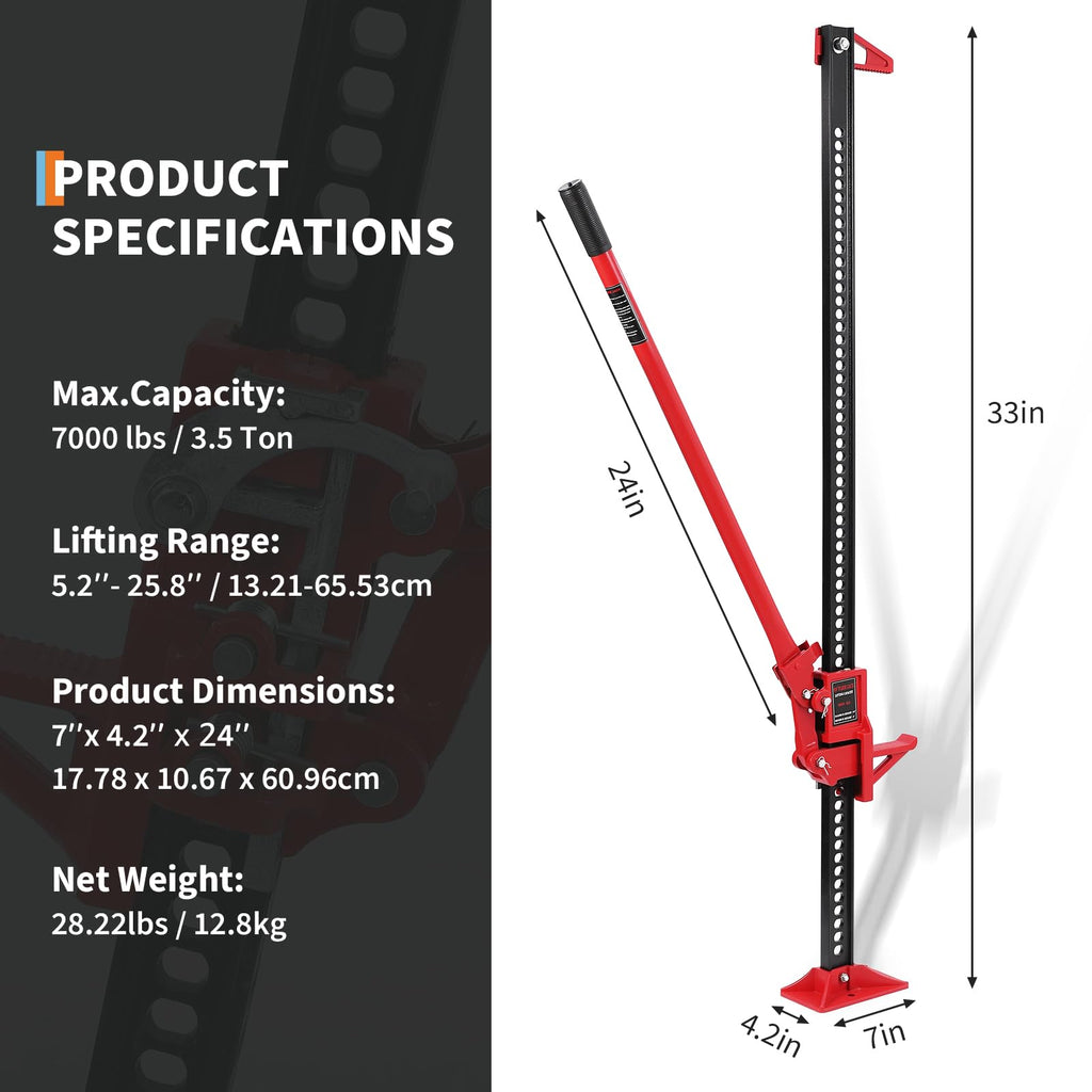 Garvee 33" Heavy Duty Utility High Lift Farm Jack 7000 LBS Capacity Ratcheting Steel Corrosion-Resistant Wide Base for Tractor Truck SUV Off-Road