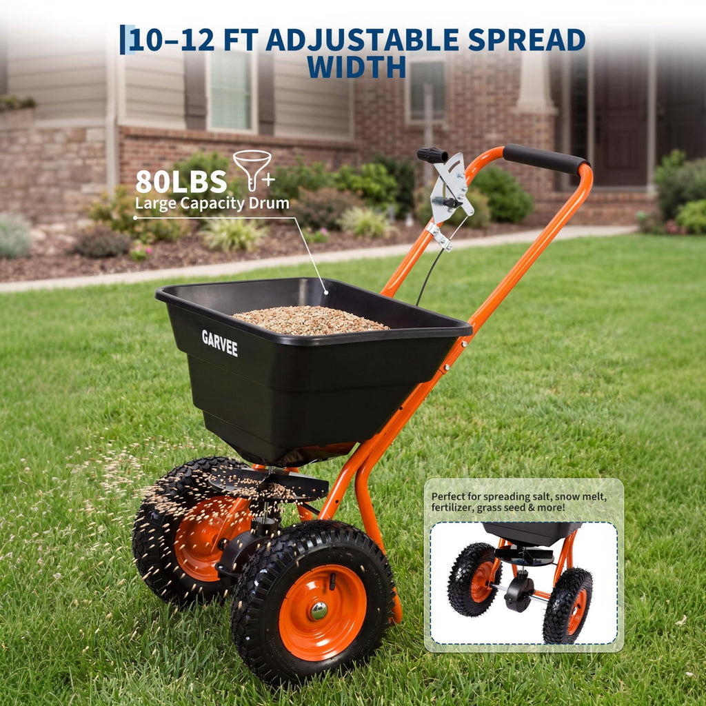 Garvee 80 lb Push Broadcast Spreader with 12' Spread Width, Adjustable Drop Rate, 10" Pneumatic Tires, Rain Cover & Gloves for Seed, Fertilizer, Salt and Ice Melt, Black & Orange-Red