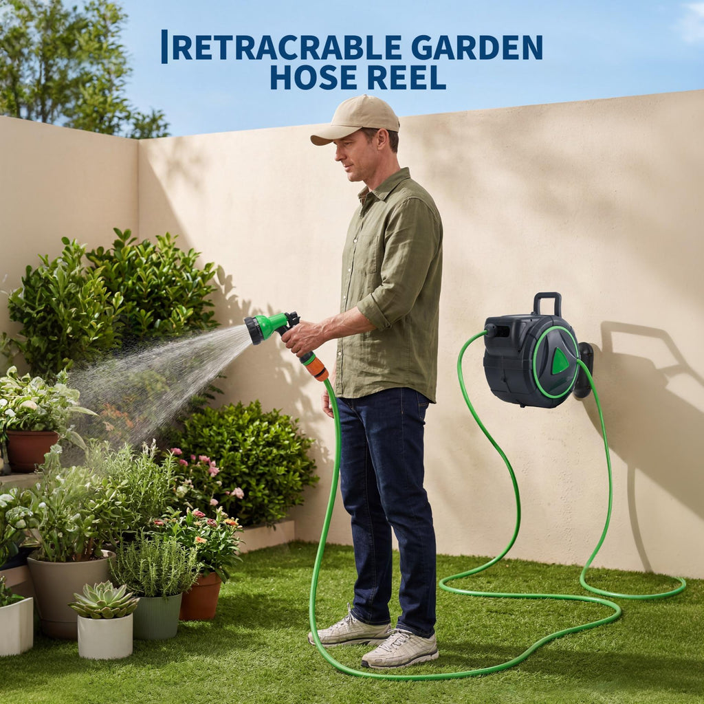 Garvee 5/8" x 90 FT Retractable Garden Hose Reel, Wall-Mounted Auto Rewind Hose Reel with 180° Swivel Bracket, Kink-Free Hose for Lawn, Garden & Car Washing