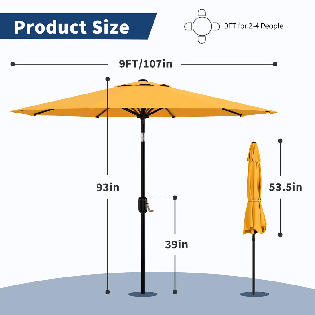 Garvee 9 ft Outdoor Patio Umbrella with 8 Sturdy Ribs, Crank Lift, Push-Button Tilt & UV-Resistant Waterproof Canopy for Pool, Deck, Yard & Garden, Yellow