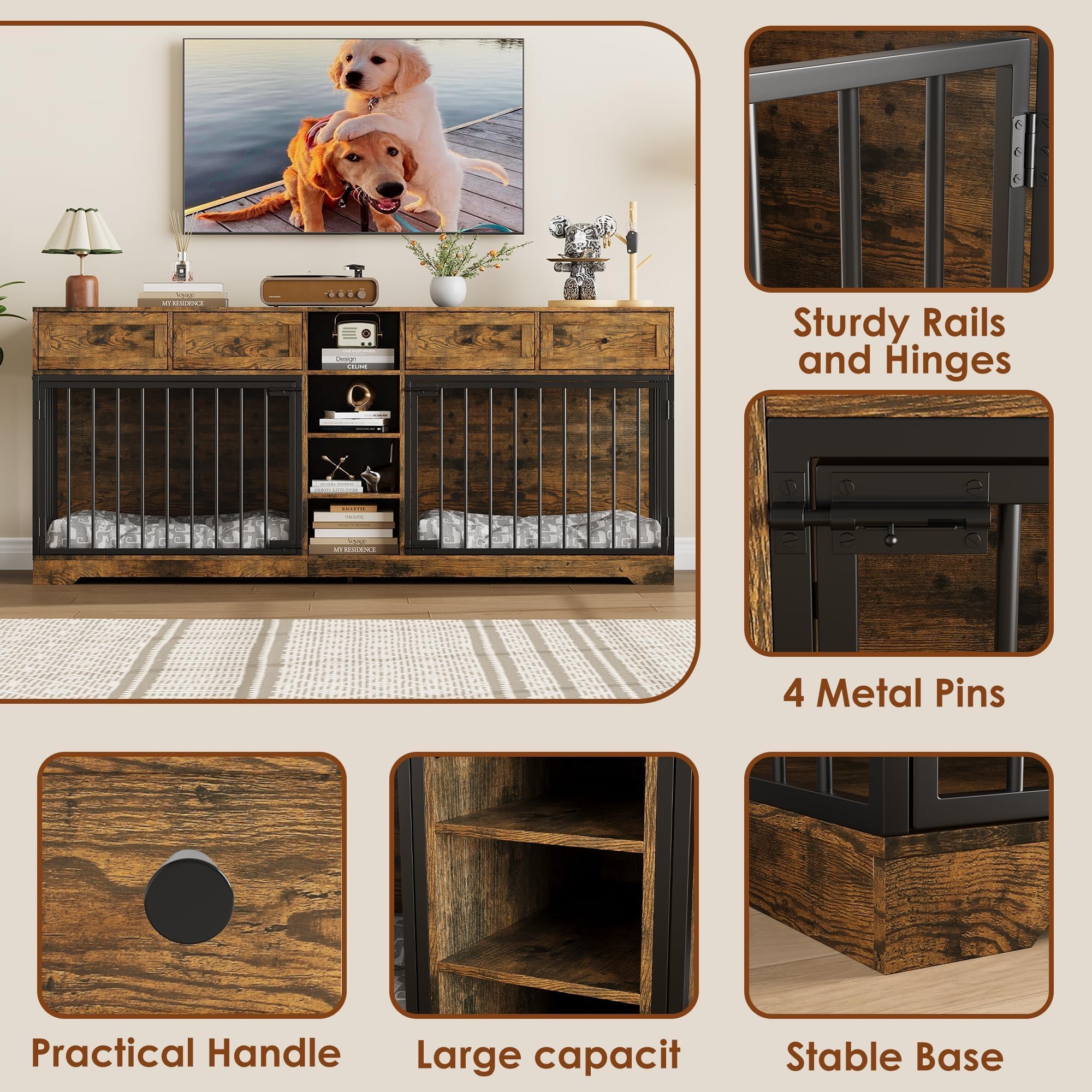 Garvee 82" Large Dog Crate for 2 Dogs, Dog Kennel Indoor with 4 Drawers and Shelves, Heavy Duty Double Dog Crate Furniture TV Stand, Wooden Dog Cage for Medium Large Dogs, Brown