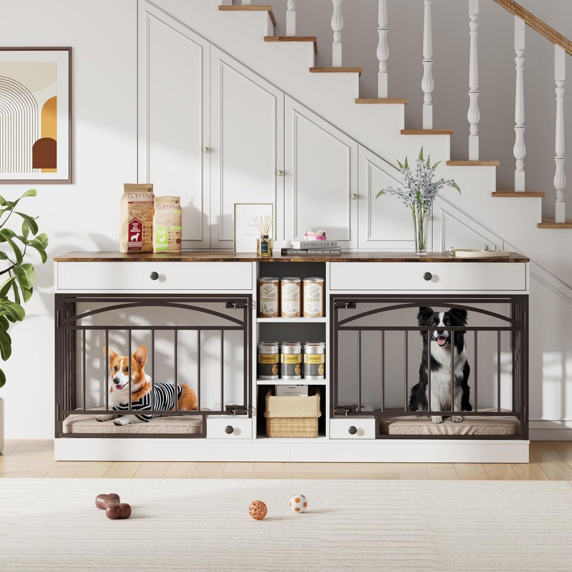 Garvee Dog Crate Furniture for 2 Dogs, 78.7" Large Dog Kennel Indoor with 2 Storage Drawers, 3 Shelves and Feeding Bowls, Double Dog Crate TV Stand for Small and Medium Dogs, White&Brown Top