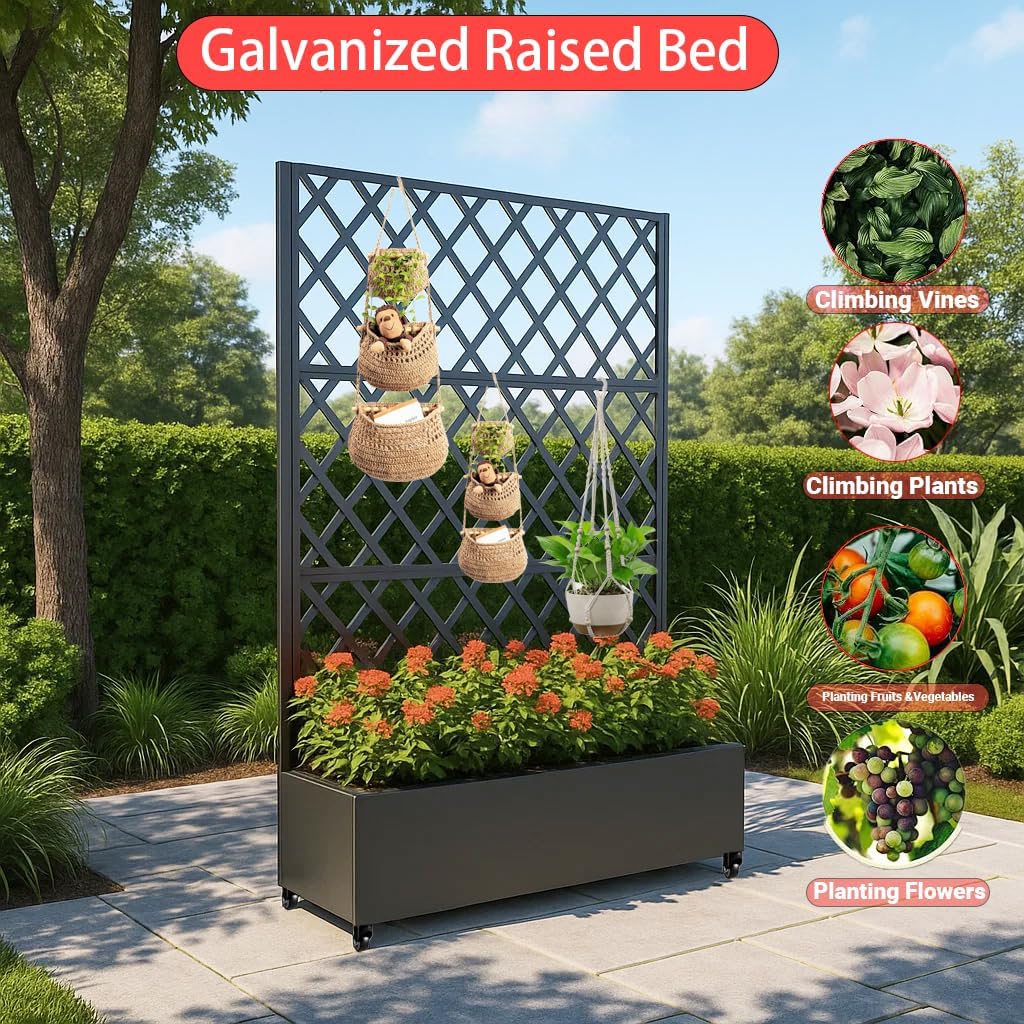 Garvee Raised Garden Bed with Trellis, 72" H × 47" W × 16" D Galvanized Steel Planter Box with Locking Wheels, Drainage Holes and Privacy Screen for Climbing Plants, Black