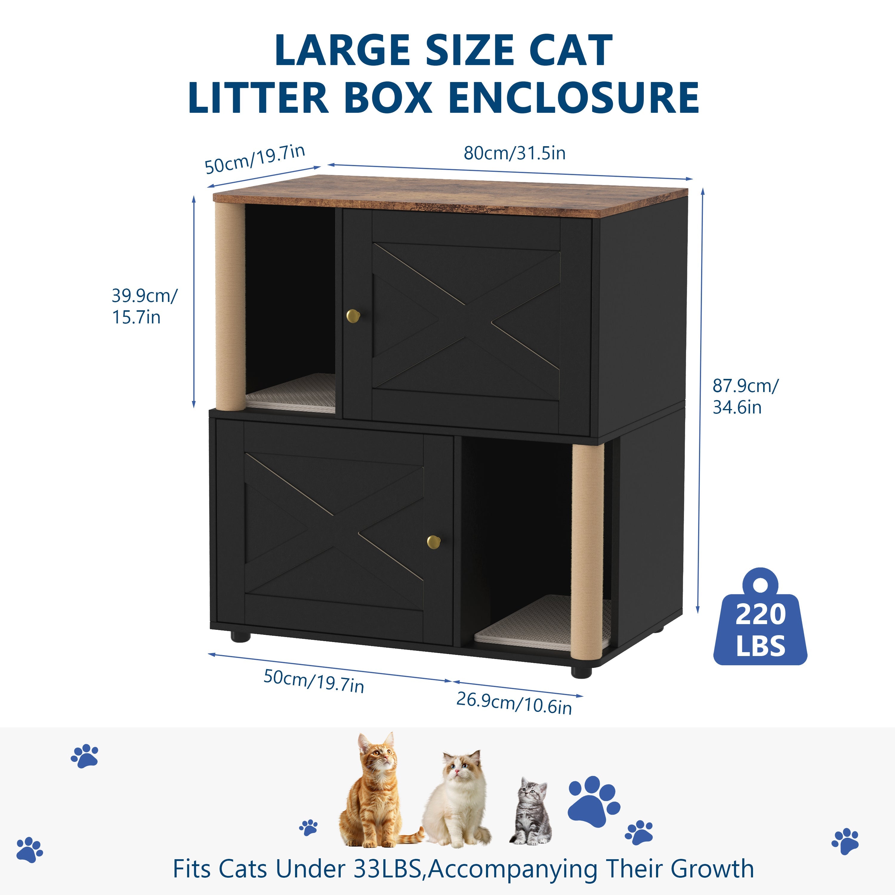 Garvee Double Cat Litter Box Enclosure Furniture – 2-Tier Modern Cat Condo with Marking Posts, Dual Mats, Odor Control, Hidden Washroom Cabinet, Dog-Proof, End Table – X-Door Black