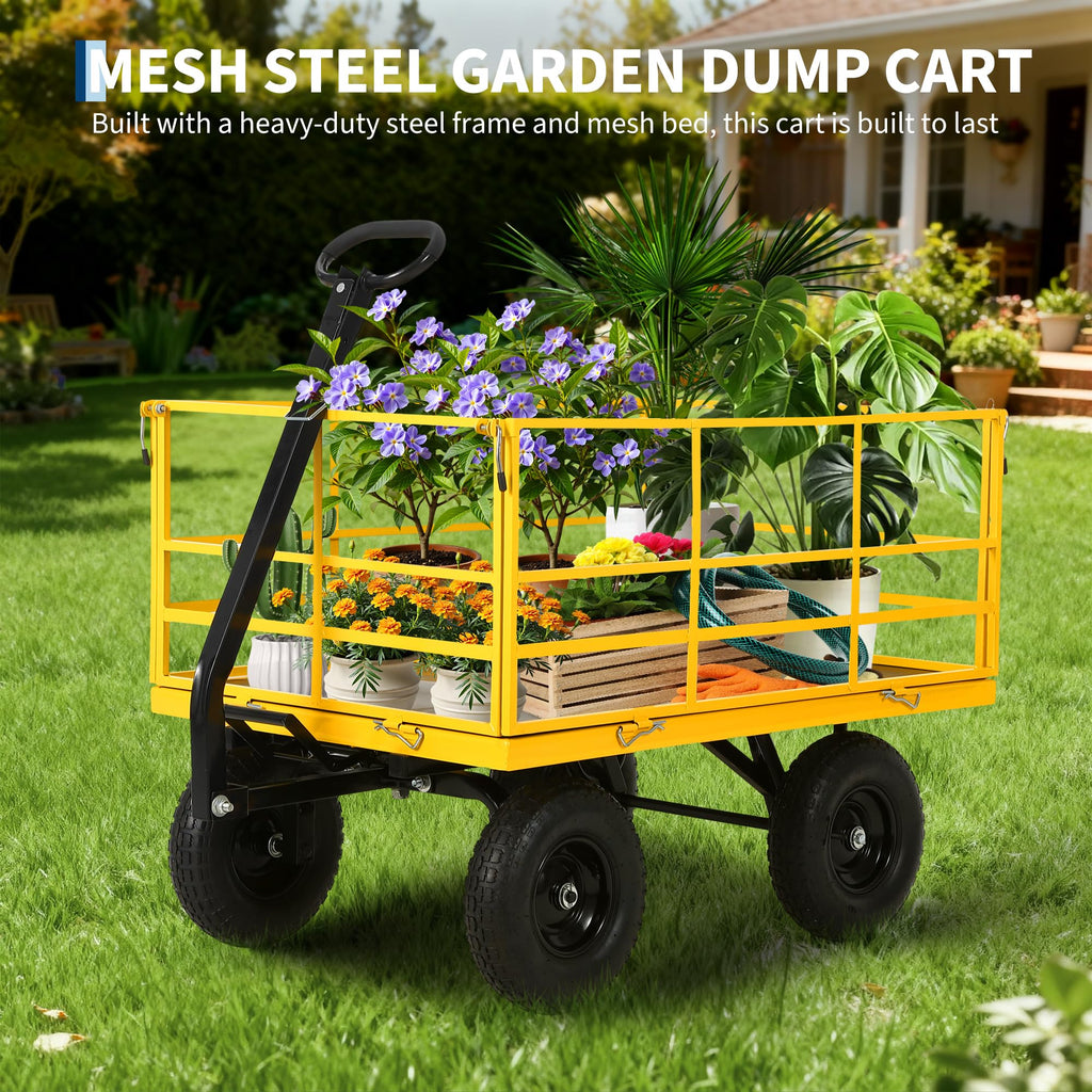 Garvee 1500 LB Garden Dump Cart with 13 in All Terrain Tires, 3-in-1 Yard Wagon Cart with Removable Side Panels, Heavy Duty Outdoor Metal Utility Wagon Yard Trailer for Outdoor Lawn, Yard, Backyard