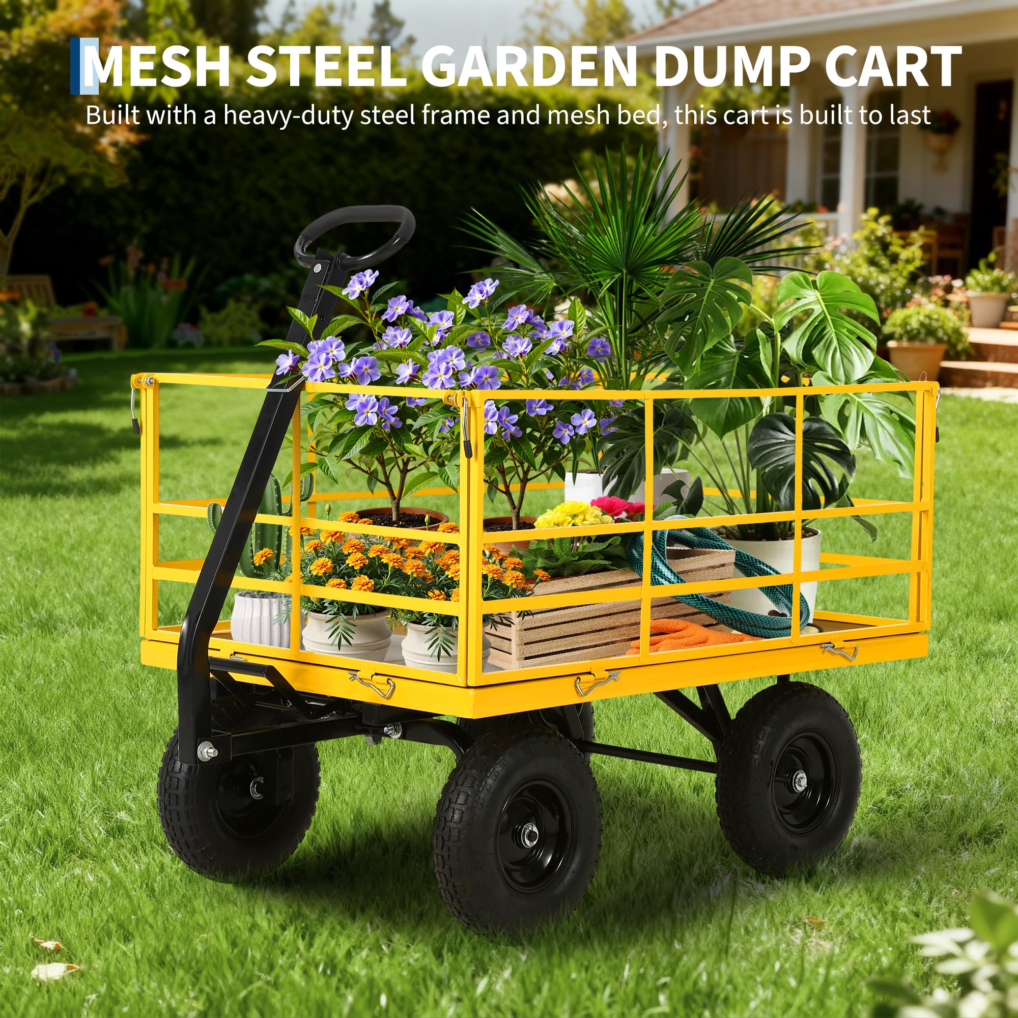 Garvee 1500 LB Garden Dump Cart with 13 in All Terrain Tires, 3-in-1 Yard Wagon Cart with Removable Side Panels, Heavy Duty Outdoor Metal Utility Wagon Yard Trailer for Outdoor Lawn, Yard, Backyard
