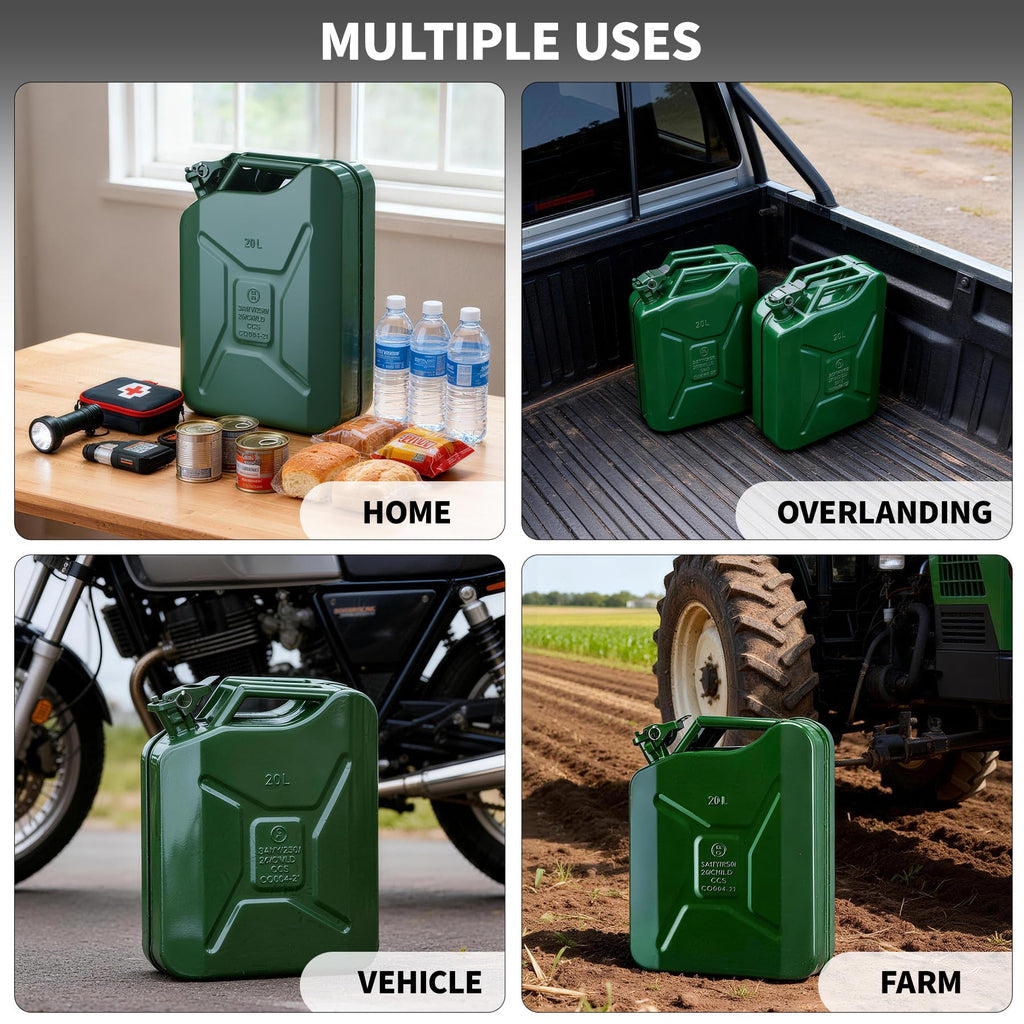 Garvee Metal Gas Can - 20L (5.3 Gallon) Jerry Can Style, Leak-Proof, Heavy-Duty Cold-Rolled Steel, Rust-Proof and Portable for Vehicles, Farms, and Overlanding, Green