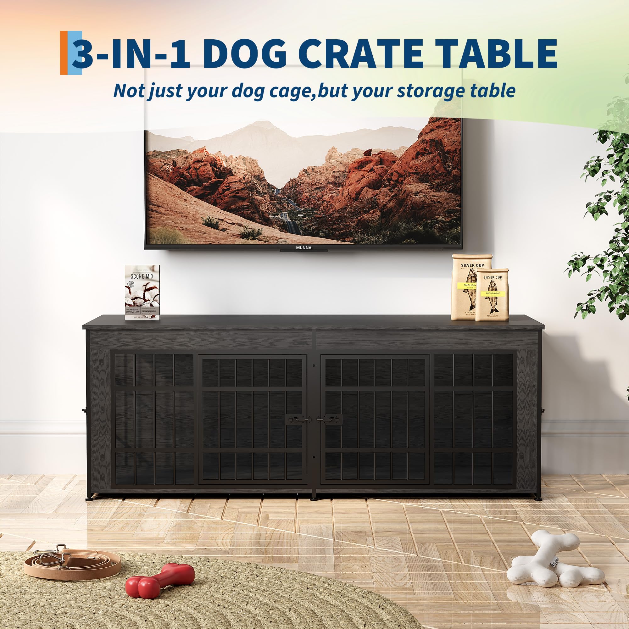 Garvee Double Dog Crate Furniture with Divider – Heavy Duty Wooden Dog House TV Stand – 3-in-1 Indoor Kennel End Table for Medium and Large Dogs – Adjustable Feet, Easy Assembly – Gray
