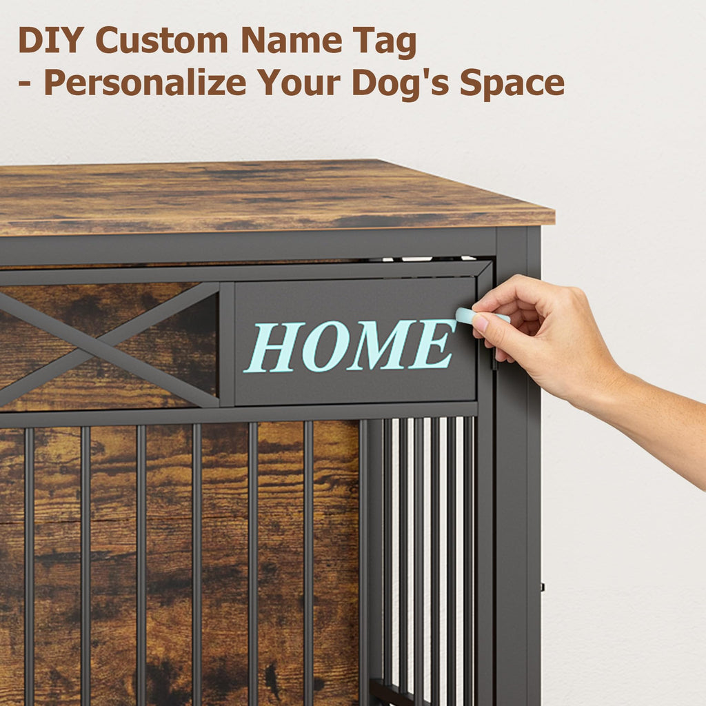 Garvee Heavy Duty Wooden Dog Crate Furniture - 47 Inch Large Pet Kennel Cage with Double Doors, Pulley System & Name Tag - Decorative End Table & TV Stand for Dogs, Antique Brown