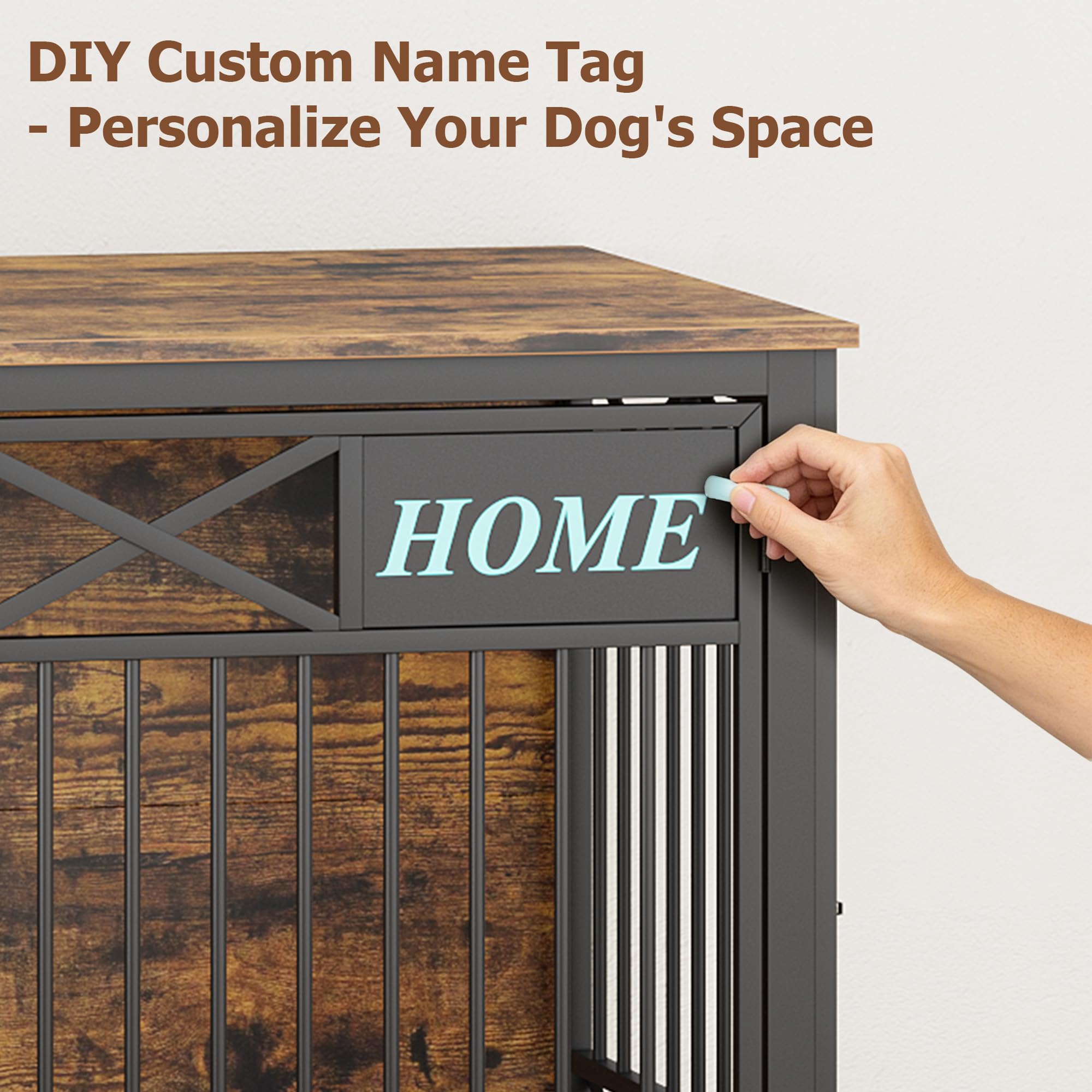 Garvee Heavy Duty Wooden Dog Crate Furniture - 47 Inch Large Pet Kennel Cage with Double Doors, Pulley System & Name Tag - Decorative End Table & TV Stand for Dogs, Antique Brown