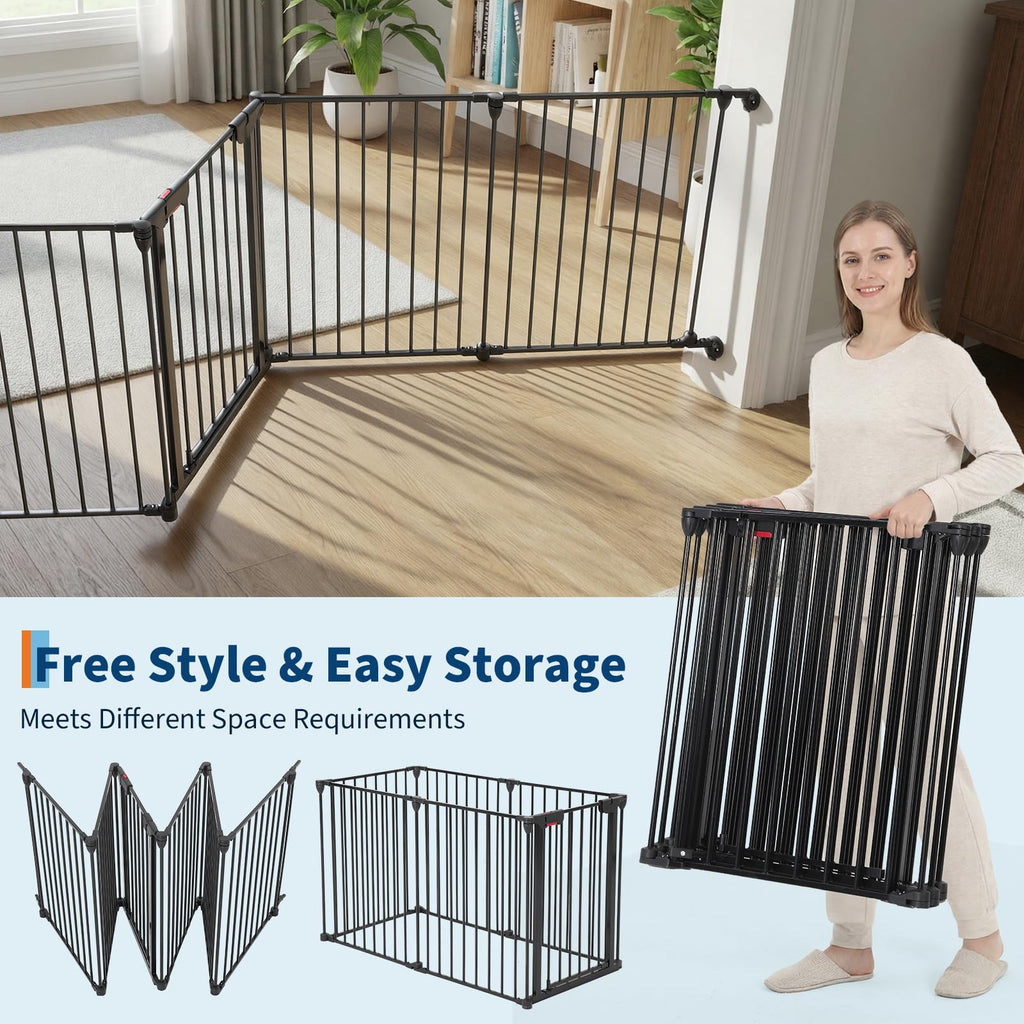 Garvee Adjustable Metal Pet Safety Gate, 6-Panel 29" High Collapsible Playpen with Lockable Door, Portable Indoor/Outdoor Barrier for Stairs, Doorways, RV, Camping, Yard, Garden, Black
