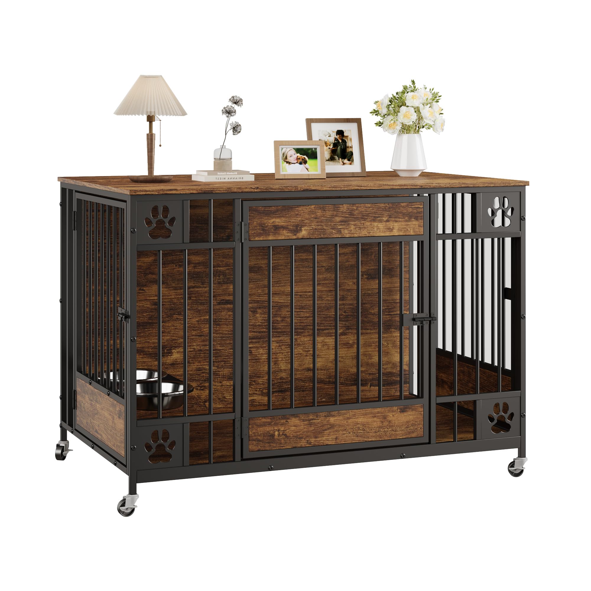 Garvee Modern Triple Door Dog Crate Furniture – 41" Heavy Duty Wooden Kennel with Feeding Bowls & Wheels – End Table Pet Cage for Medium & Large Dogs – Antique Brown