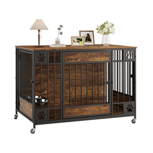 Garvee Modern Triple Door Dog Crate Furniture – 41" Heavy Duty Wooden Kennel with Feeding Bowls & Wheels – End Table Pet Cage for Medium & Large Dogs – Antique Brown