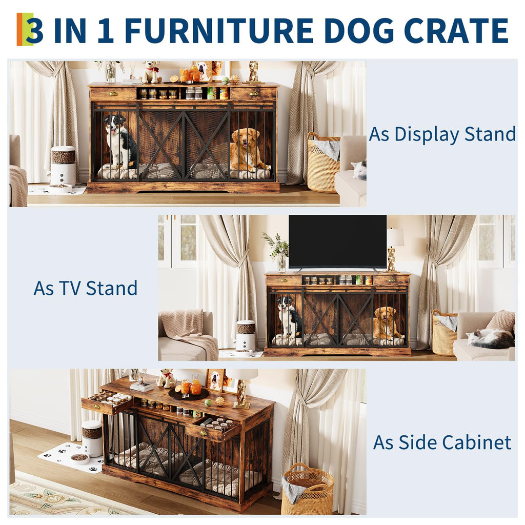 Garvee Heavy Duty Double Dog Crate Furniture for 2 Large or Medium Dogs – Wooden Kennel, Removable Divider, Lockable Sliding Doors, Drawers & Open Shelves, Indoor Pet Cage TV Stand – 63 Inches