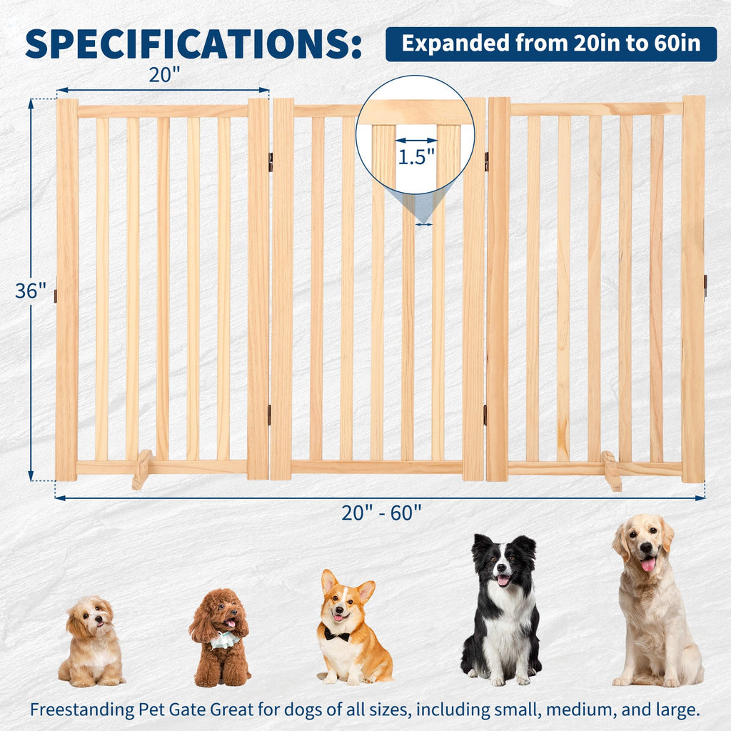 Garvee Wooden Freestanding Dog Gate, Collapsible Pet Gate with Support Feet, Indoor Dog Fence for The House,Doorways, Stairs，Expandable Pet Fence -3 Panel H:36”