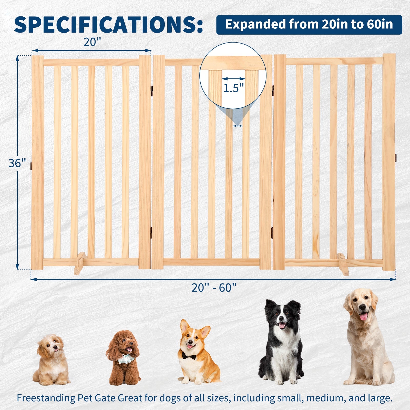 Garvee Wooden Freestanding Dog Gate, Collapsible Pet Gate with Support Feet, Indoor Dog Fence for The House,Doorways, Stairs，Expandable Pet Fence -3 Panel H:36”