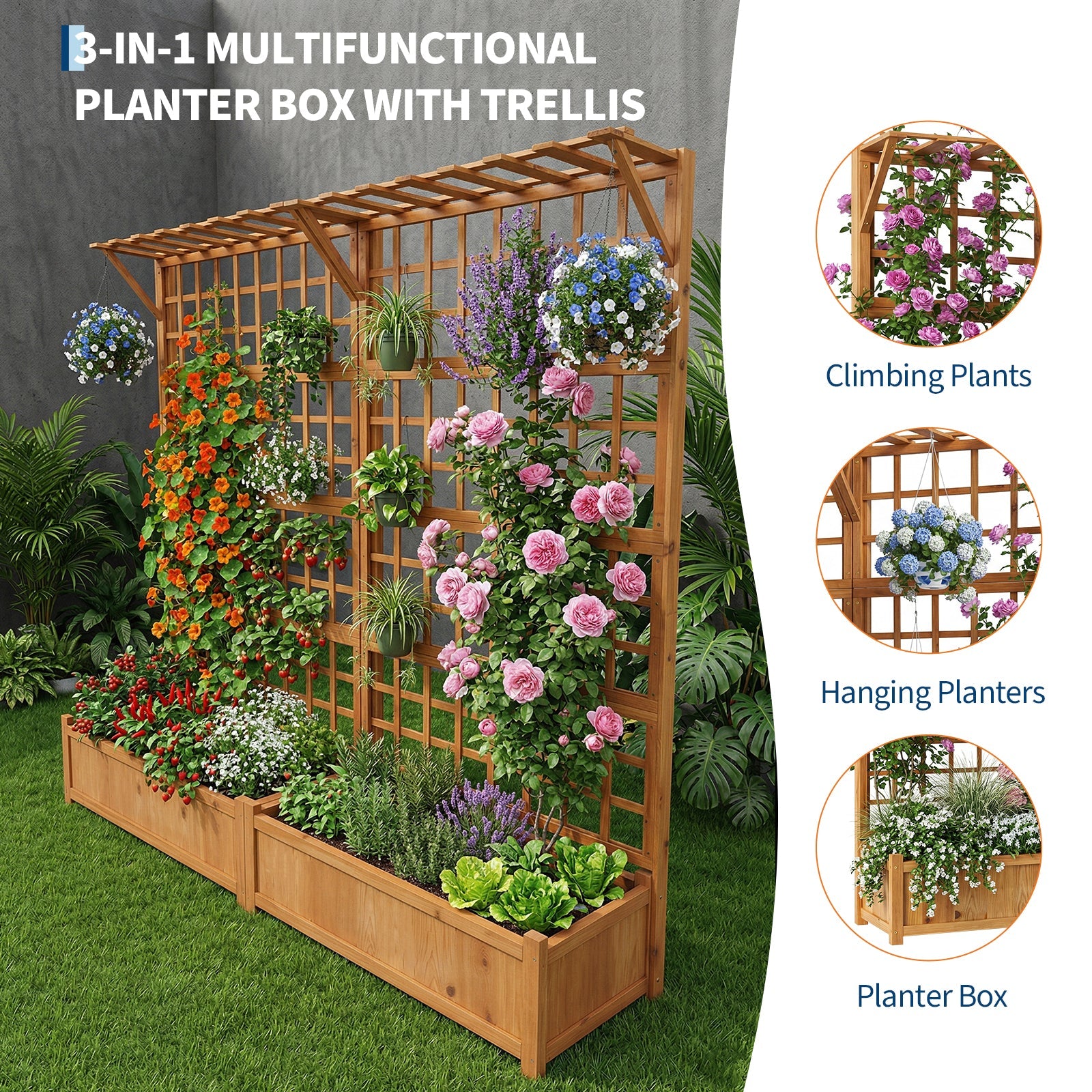 Garvee 71" Raised Garden Bed with Trellis, Fir Wood Planter Box with Hanging Roof & Drainage for Climbing Vines