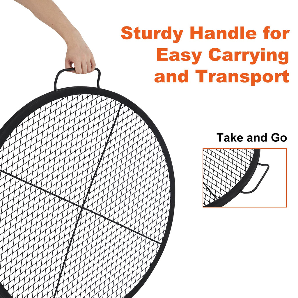 Garvee 36 Inch Heavy Duty Round Fire Pit Grill Grate with X-Marks, Non-Stick Carbon Steel BBQ Cooking Grid with Handles, Rust Resistant, Outdoor Campfire Accessory for Camping, RV, Backyard – Not Collapsible, Round with Handle, Diameter 36 Inches