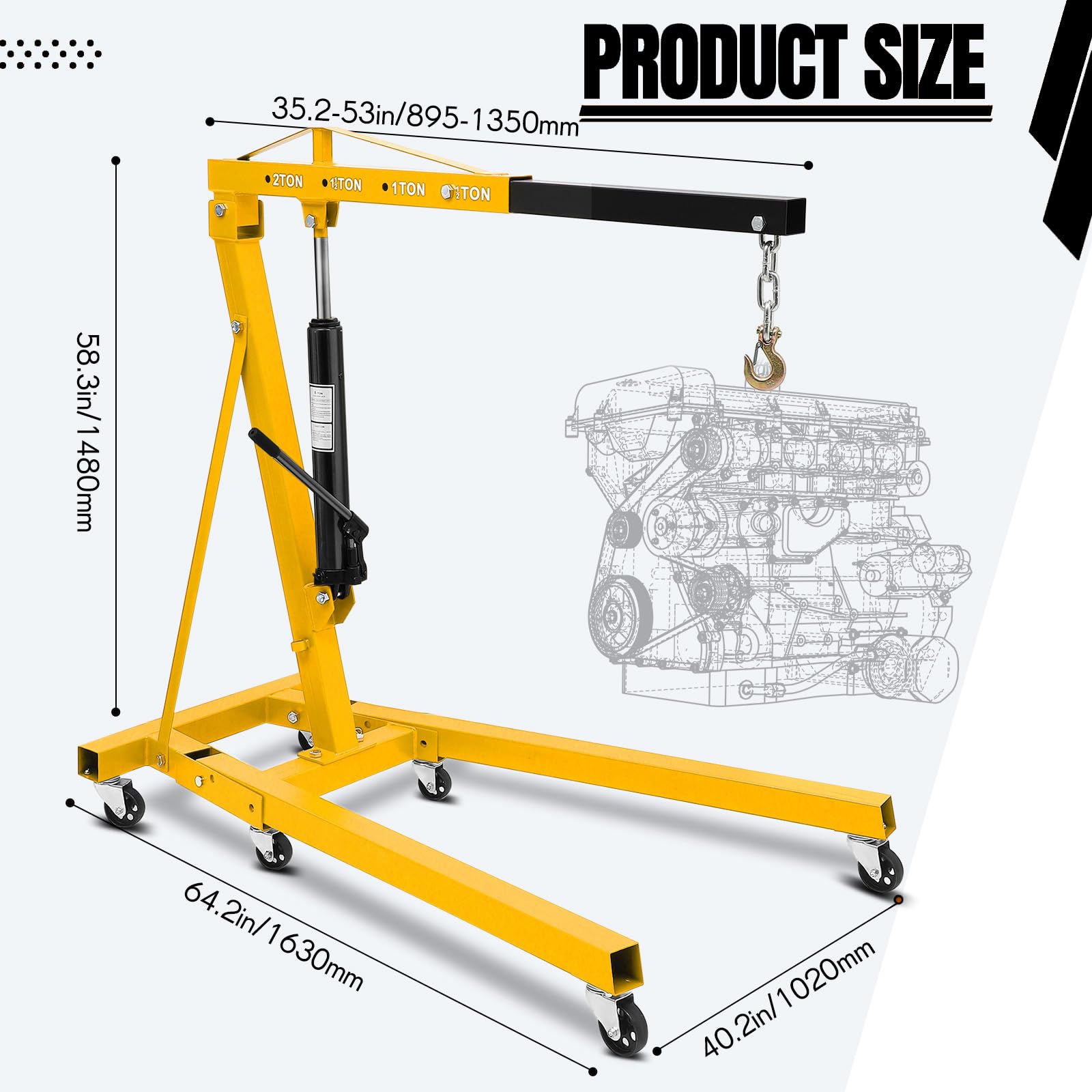 Garvee 2 Ton Hydraulic Folding Engine Hoist Cherry Picker - Heavy Duty 4400 lbs Shop Crane - Telescopic Boom & 6 Casters - Industrial Garage Engine Lift Jack - Yellow | Packaged