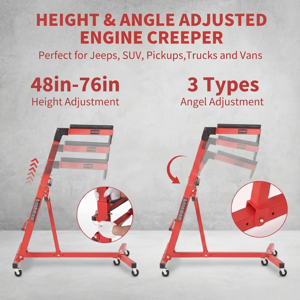 Garvee Topside Automotive Creeper for Trucks 49-76" Adjustable Height Heavy Duty 400 LBS Steel Foldable with Cushioned Pad & Lockable Casters for Garage Use, Red