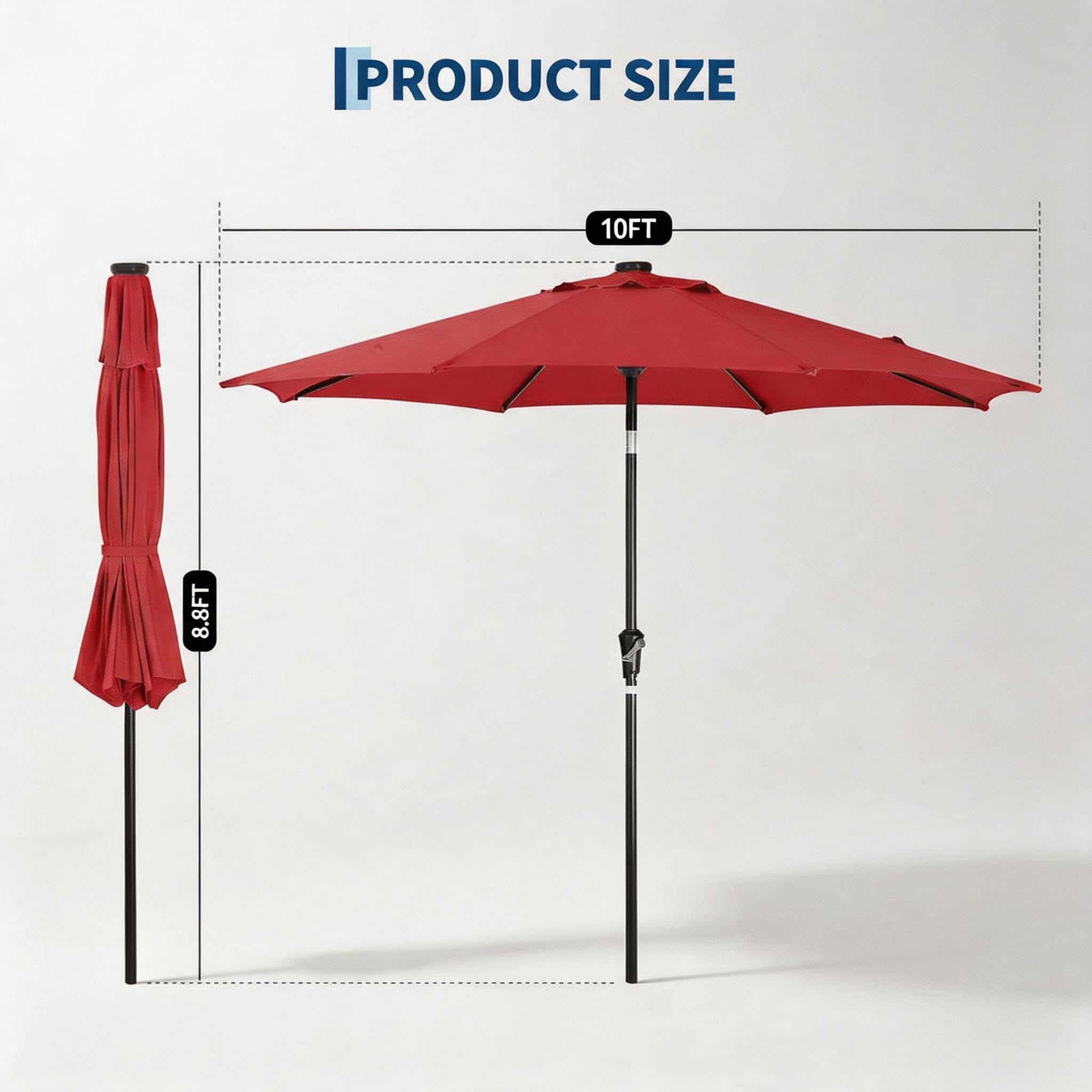 Garvee 10 FT Patio Umbrella with 32 Solar LED Lights, 8-Rib Iron Frame, Crank Lift and Push-Button Tilt for Garden, Deck, Backyard and Poolside, Red