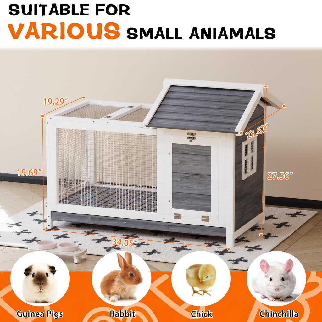 Garvee Large Outdoor Rabbit Hutch, Weatherproof 2-Story Bunny Cage with Removable Wire Netting, Wooden Indoor Outdoor Pet House, Waterproof Roof & Pull-Out Tray, Gray