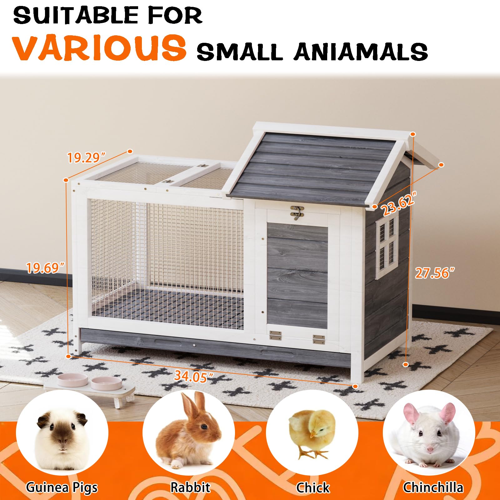 Garvee Large Outdoor Rabbit Hutch, Weatherproof 2-Story Bunny Cage with Removable Wire Netting, Wooden Indoor Outdoor Pet House, Waterproof Roof & Pull-Out Tray, Gray